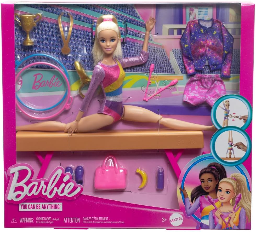 Barbie Gymnastics Doll Playset - Flipping Feature & 19-Piece Accessories for Kids 3+ 6