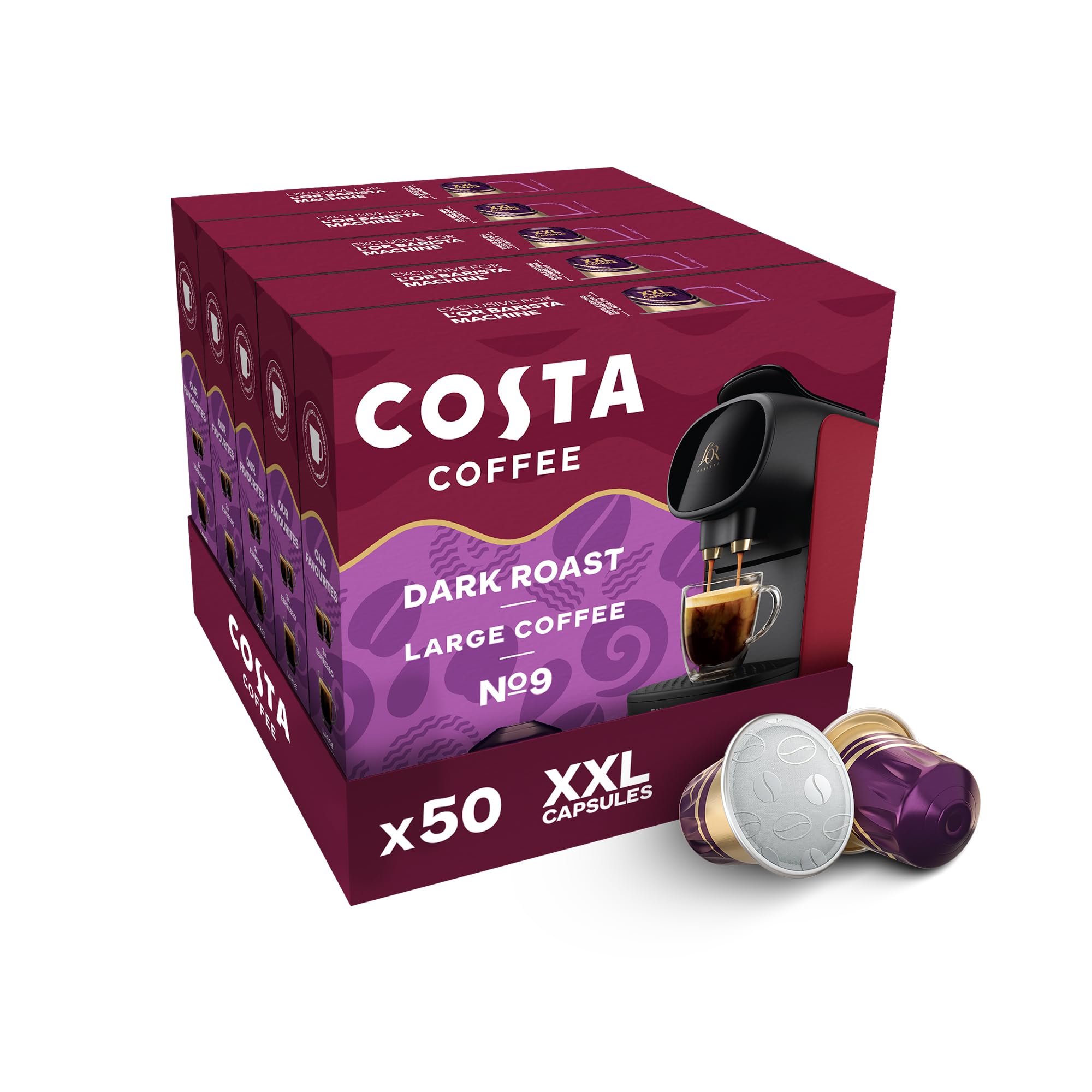 Costa Dark Intense Roast XXL Coffee Pods (Pack of 5, 50 Capsules) for L'OR BARISTA
