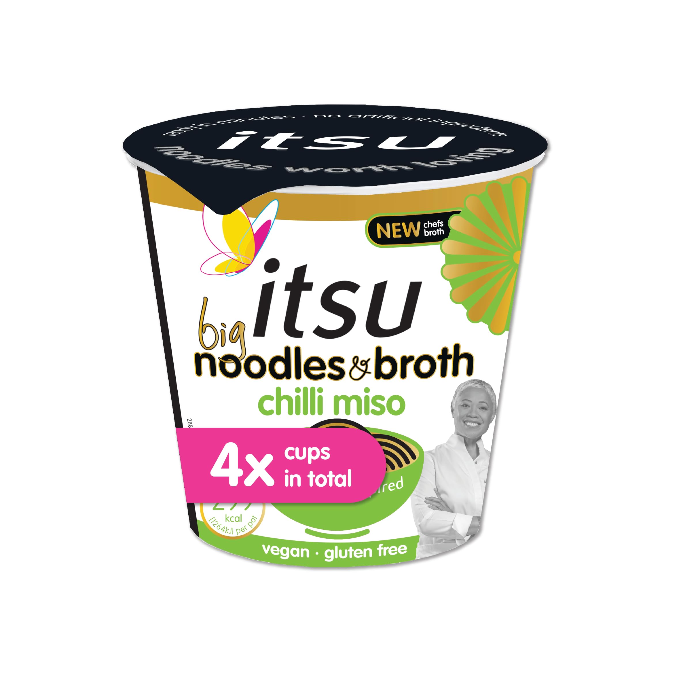 Itsu Big Chilli Miso Instant Noodles & Broth Pot 98g - Pack of 4 | Gluten Free Vegan Rice Noodles