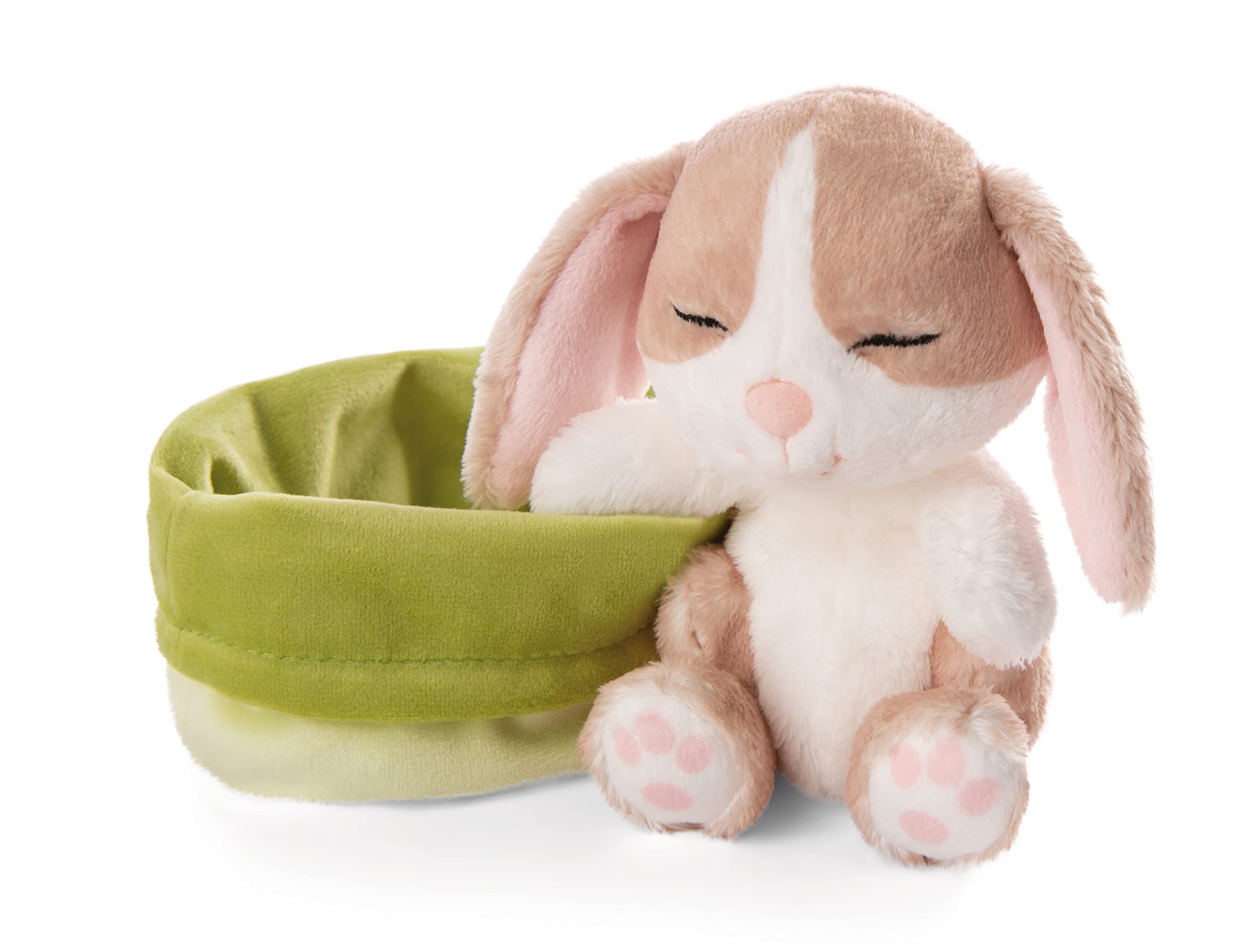 NICI Sleeping Pets Bunny Cappuccino in Green Basket - Plush Stuffed Animal 12cm 4