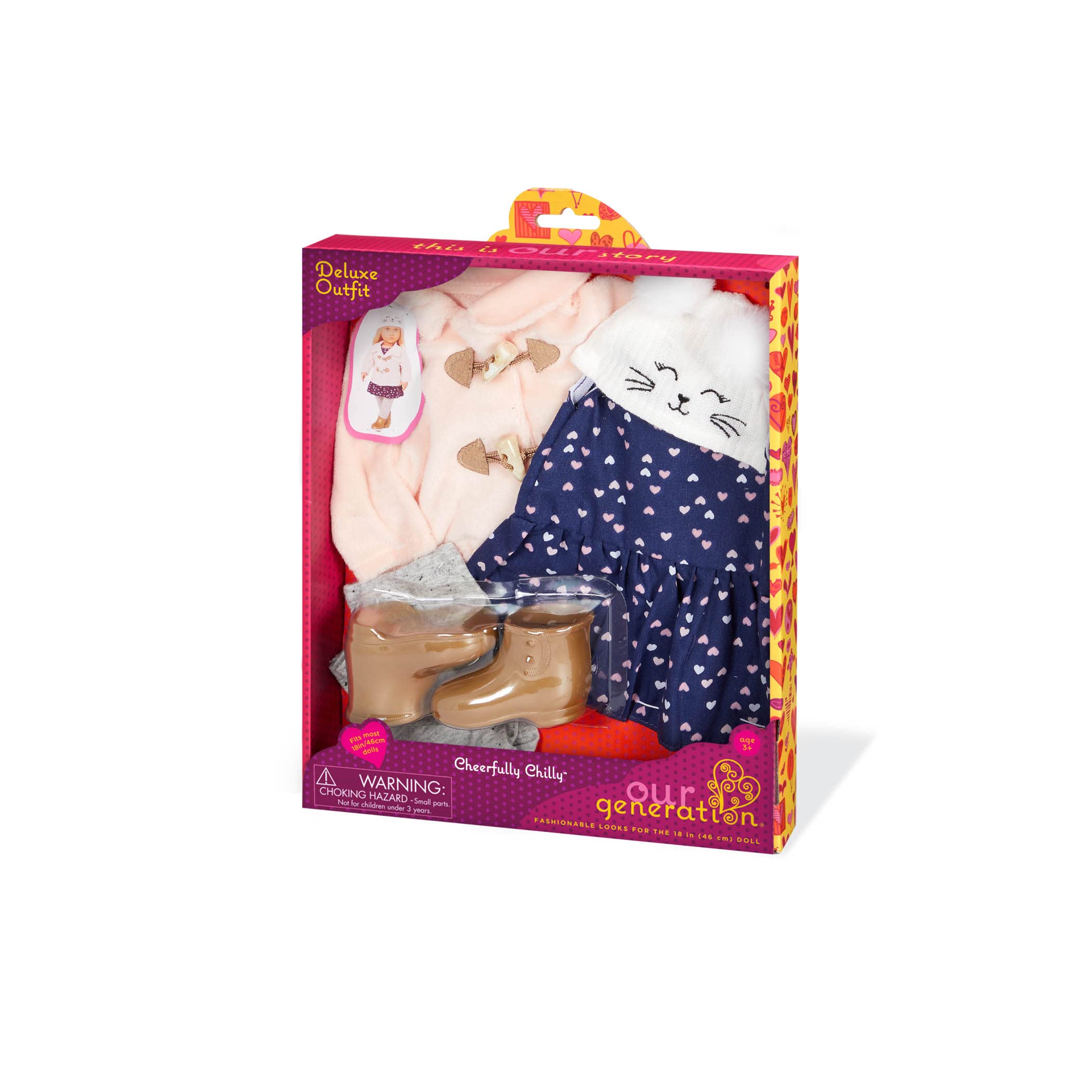 Our Generation Cheerfully Chilly Outdoor Outfit - Pink Duffle Coat, Dress | 18-Inch Dolls 4