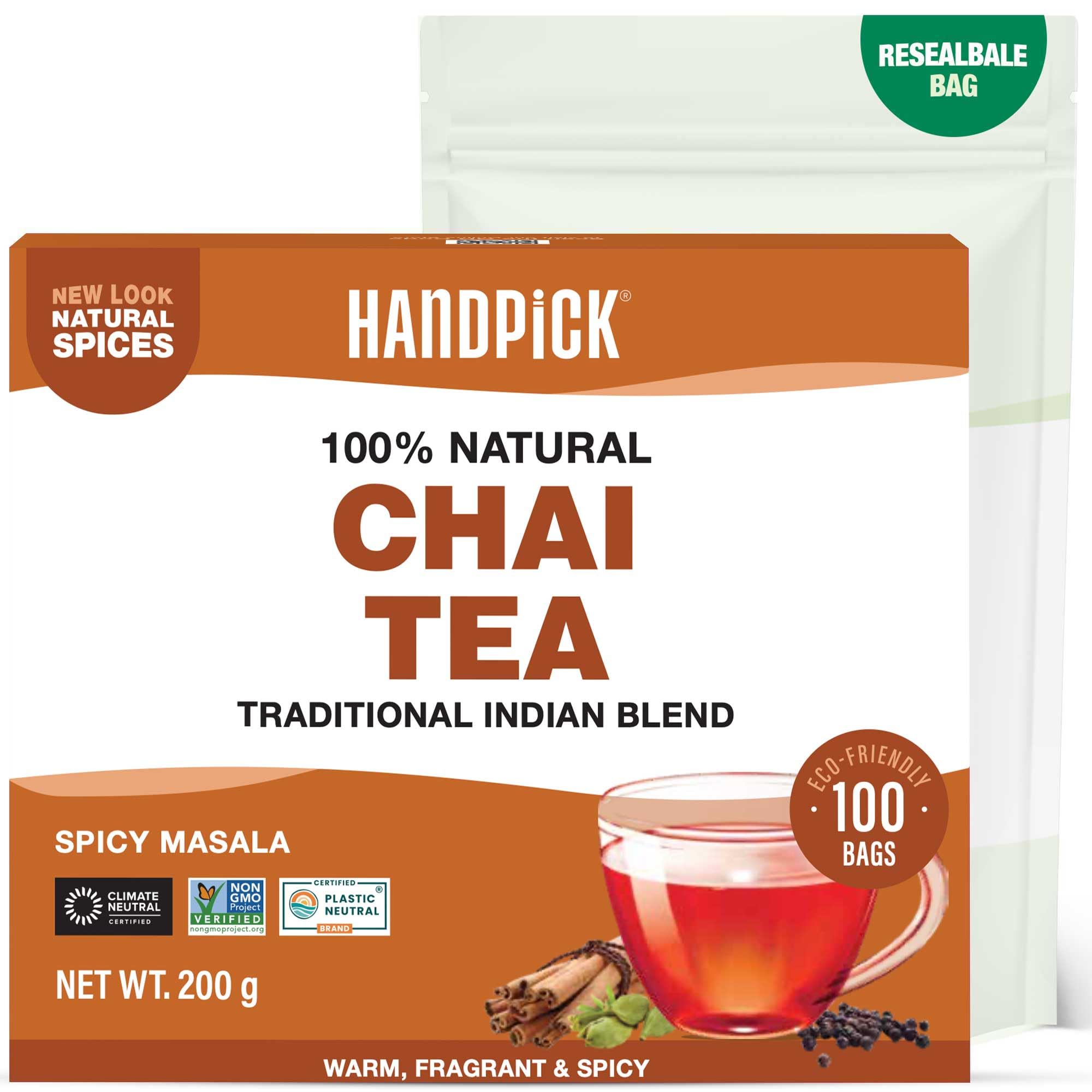 HANDPICK Masala Chai Tea Bags from India (100 Count) - Cinnamon, Black Pepper, Cloves & Cardamom - Eco-conscious Round Tea Bags