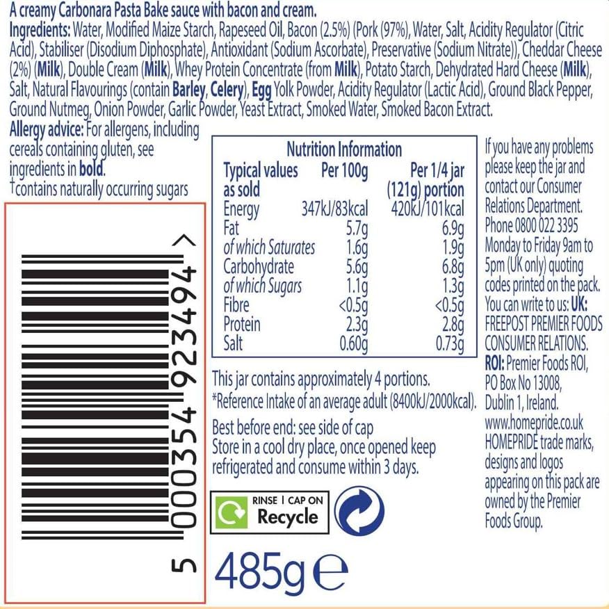 Homepride Carbonara Pasta Bake Sauce, No Added Sugars, 485g Jar 5