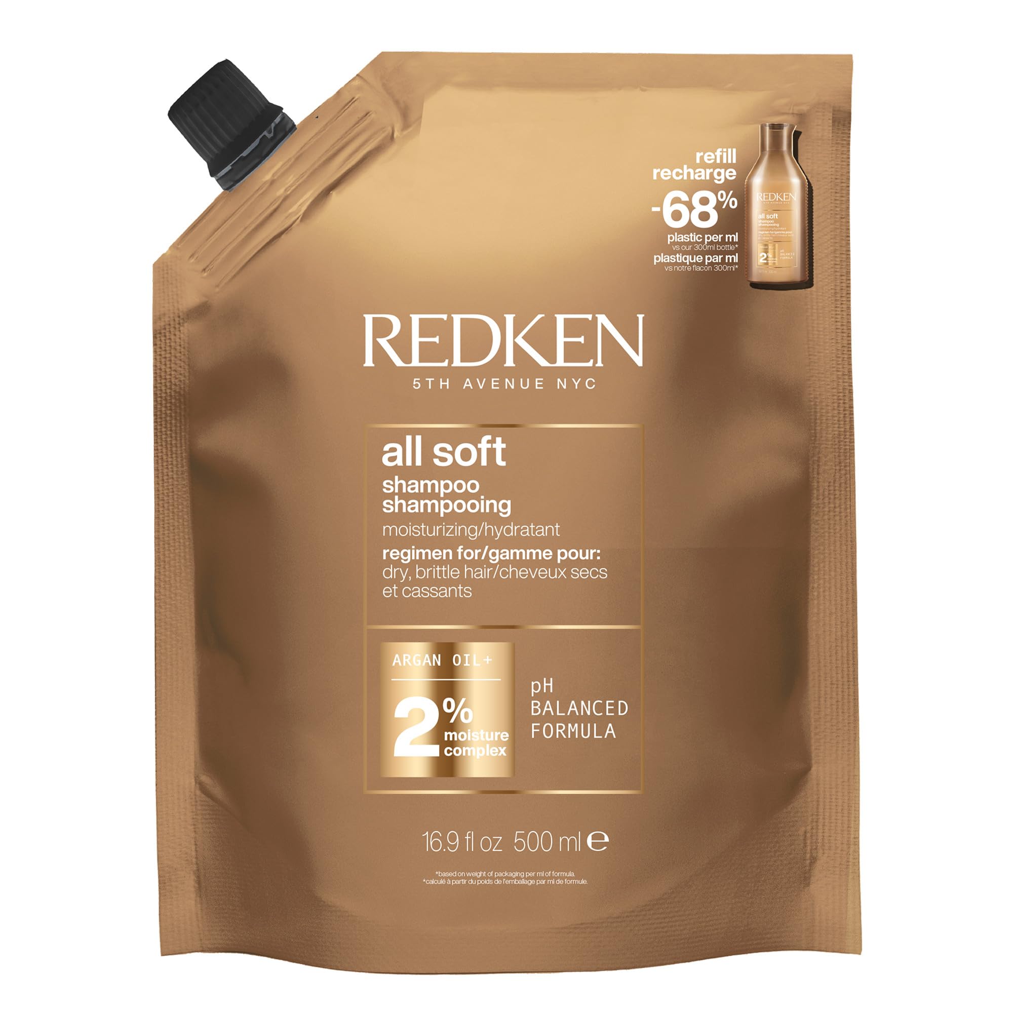 Redken All Soft Shampoo - Moisturizing Shampoo for Dry, Brittle Hair with Argan Oil, 500ml Refill Pouch