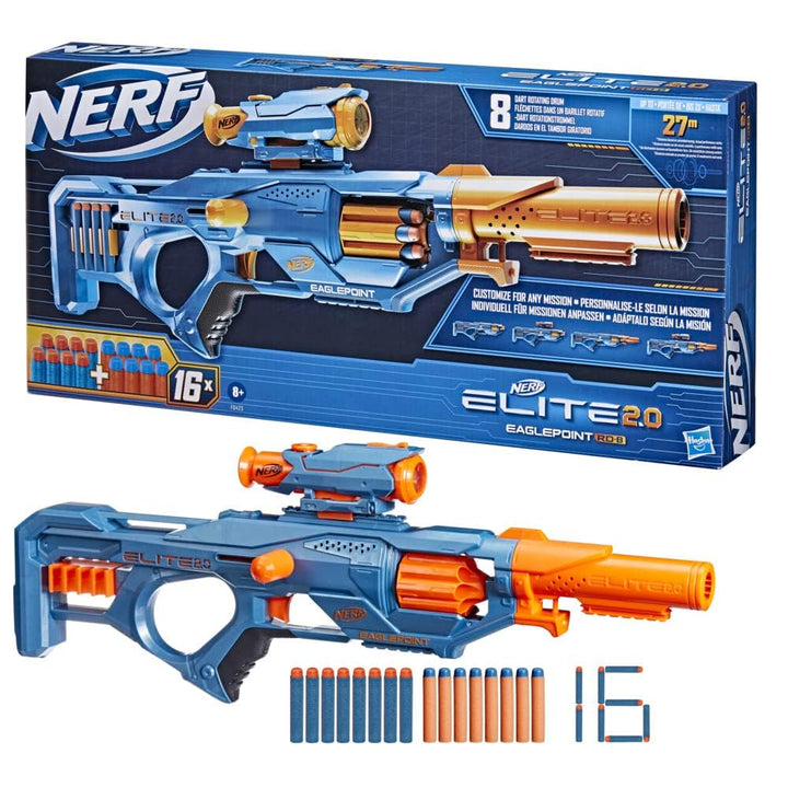Nerf Elite 2.0 Eaglepoint RD-8 Blaster - 8-Dart Drum, Detachable Scope, 16 Darts, Bolt Action