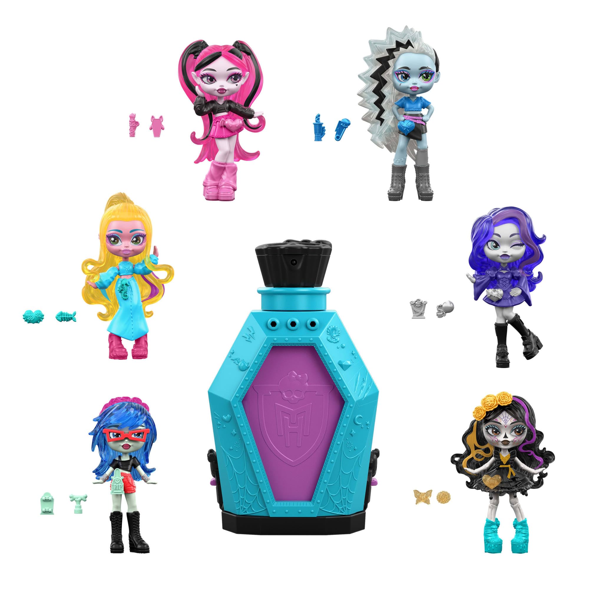Monster High Little Frights Mini Doll - Water Reveal, Customizable Charms | 3 Inch Doll | Ages 4+