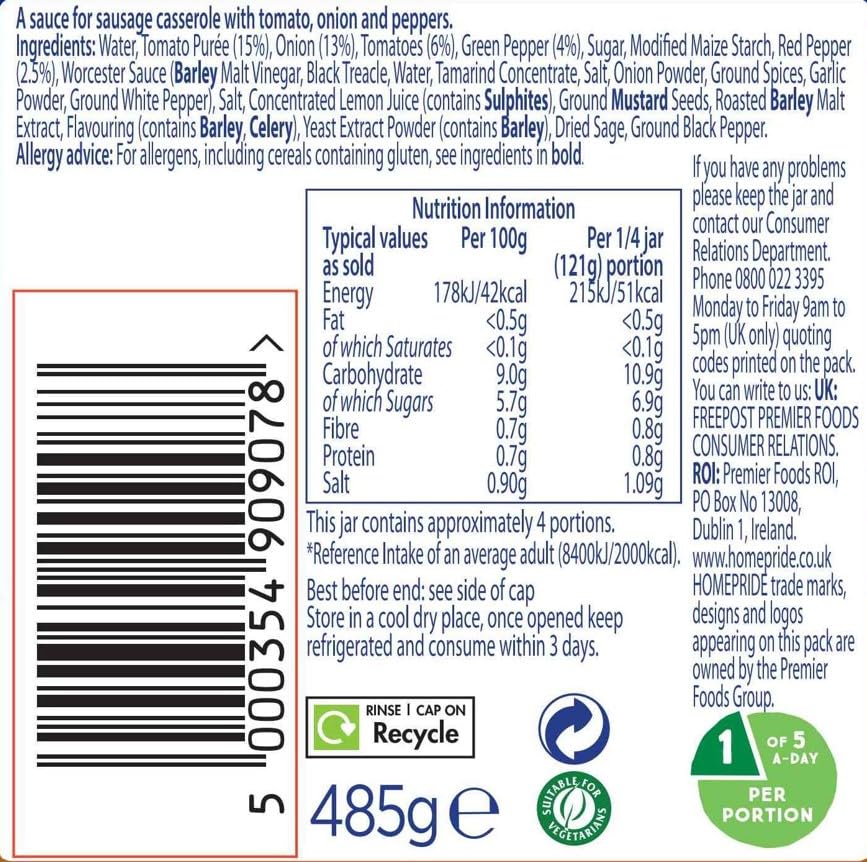 Homepride Sausage Casserole Oven Bake Cooking Sauce - Low in Saturated Fat, Vegetarian, 485g 4