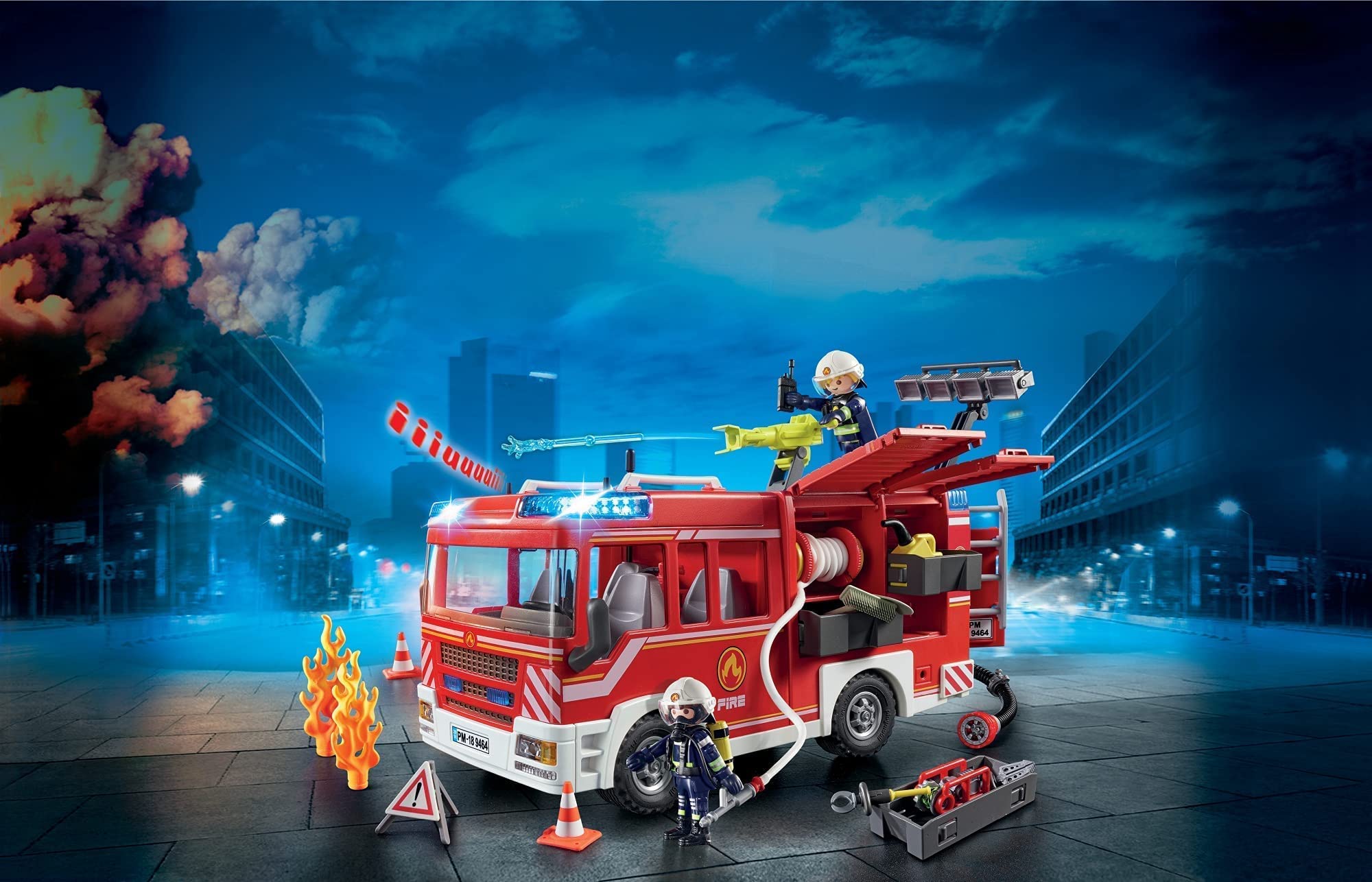 Playmobil 9464 Fire Engine with Working Water Cannon, Light & Sound Effects, Firefighter & Helicopter Playset for Kids 4+ 7