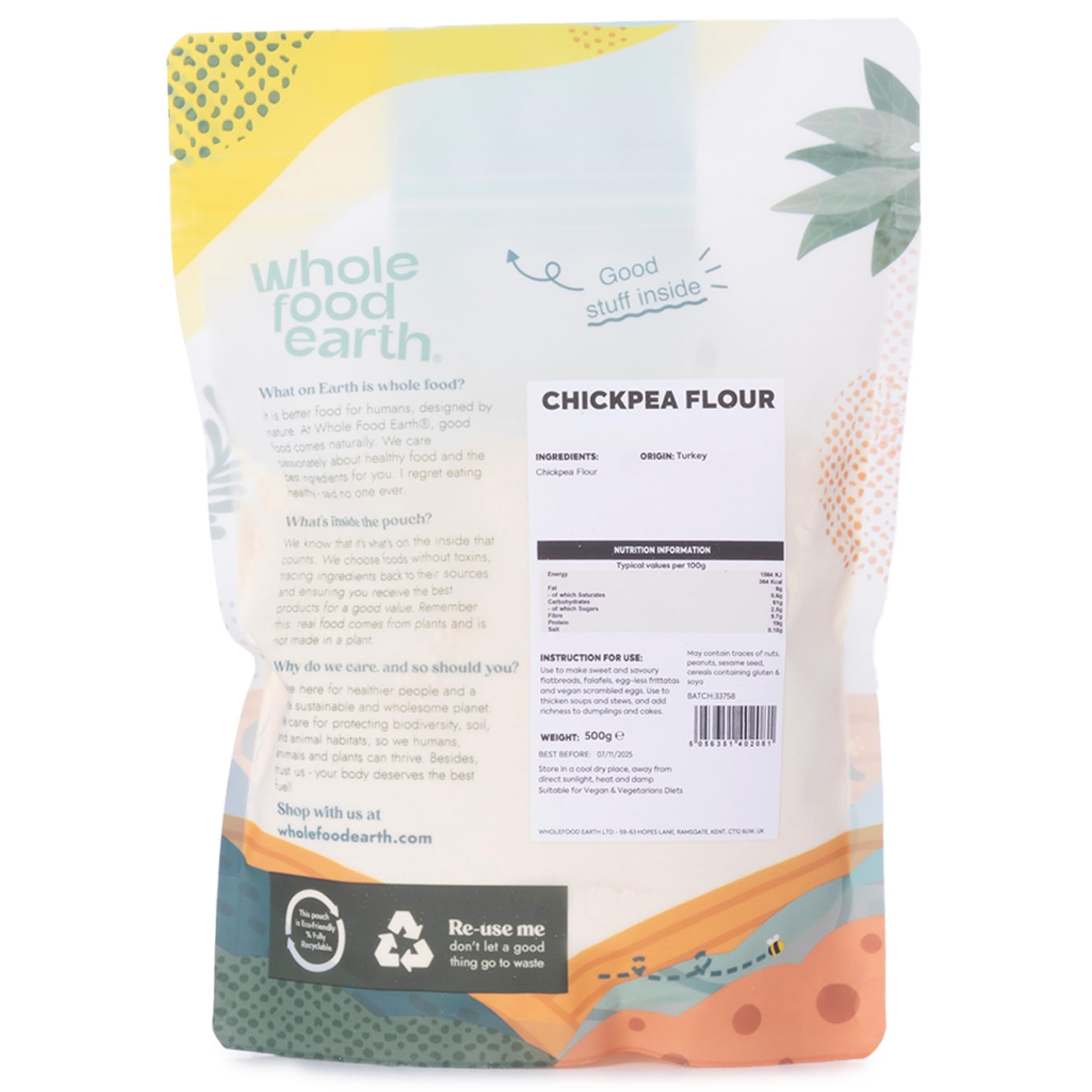 Wholefood Earth Chick Pea Flour - 500g | GMO Free | High Fibre 2