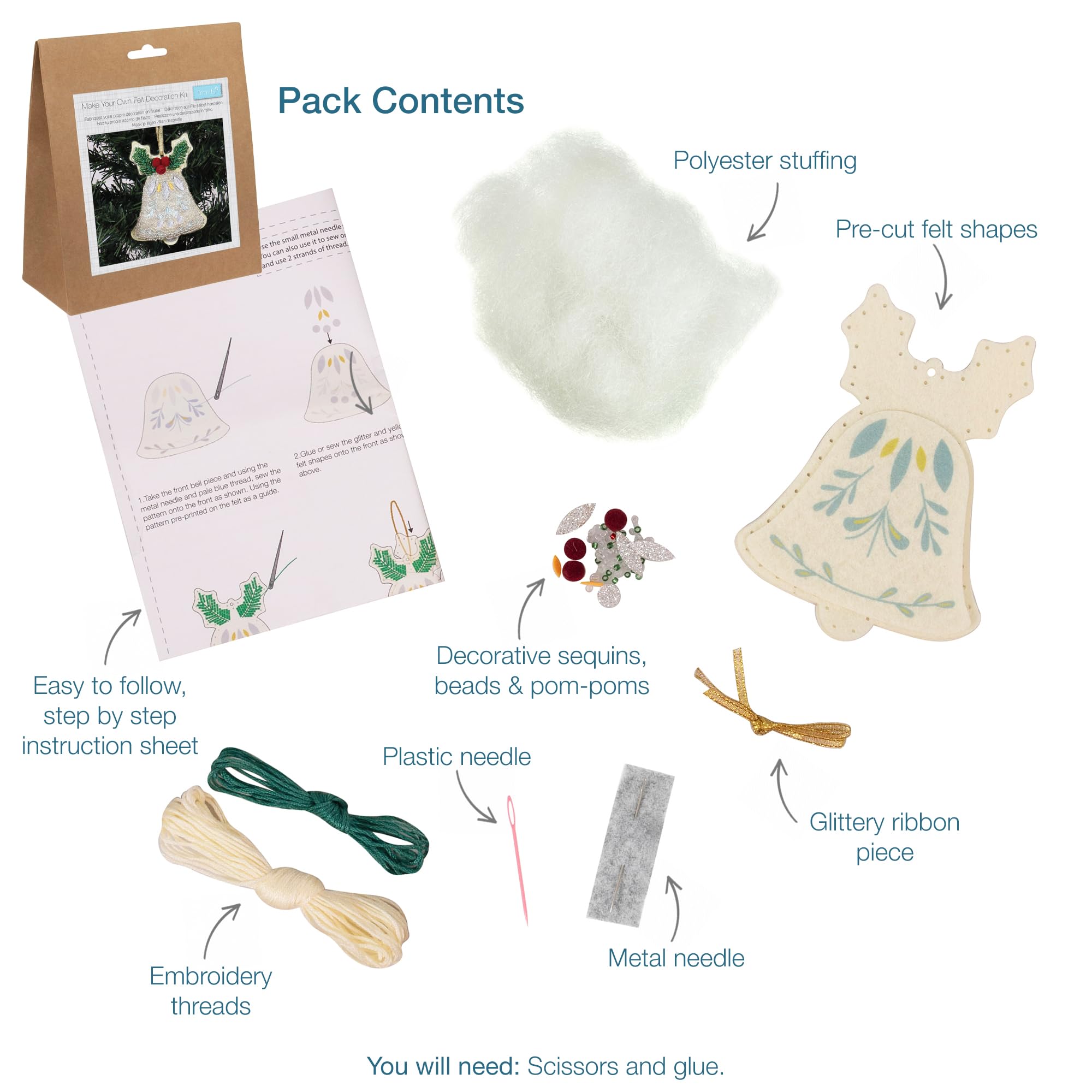 Trimits Christmas Felt Decoration Kit - Beaded Bell Craft Set 4