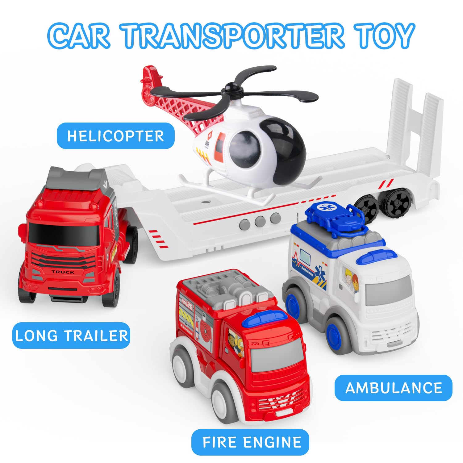 GizmoVine Fire Truck Playset - Vehicle Transporter Toy with Ambulance & Helicopter for Kids 3+ 9