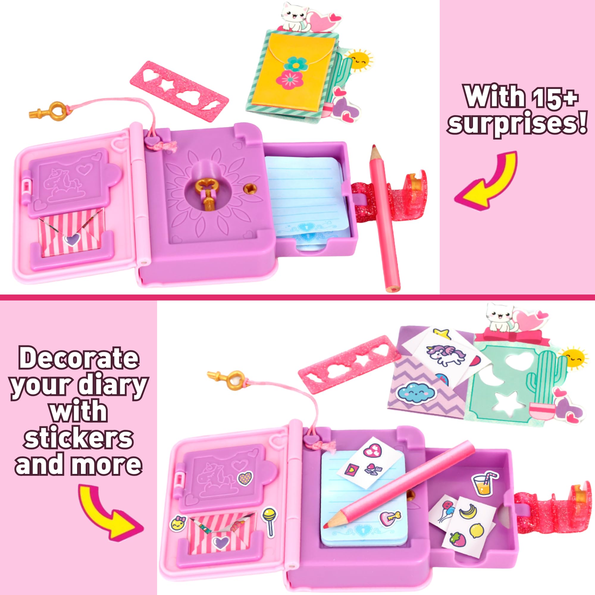 FUNLOCKETS Pink Lockable Mini Notebook with 15+ Surprises, Stickers & Pencil for Girls 3