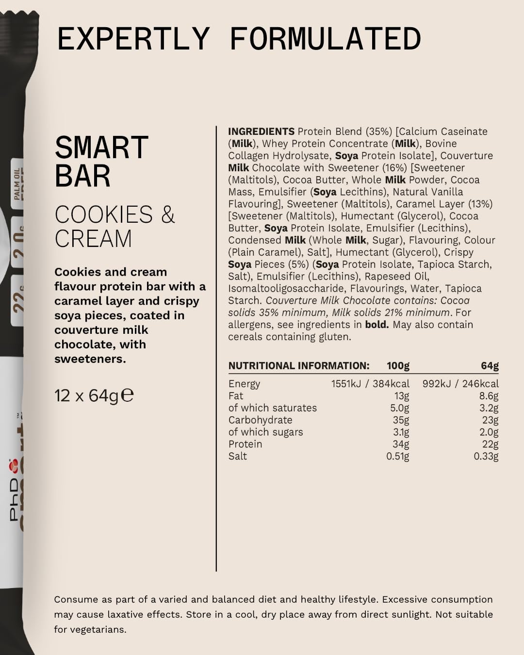 PhD Nutrition Smart Protein Bar Low Calorie, High Protein, Low Sugar, Cookies and Cream, 12 x 64g 11