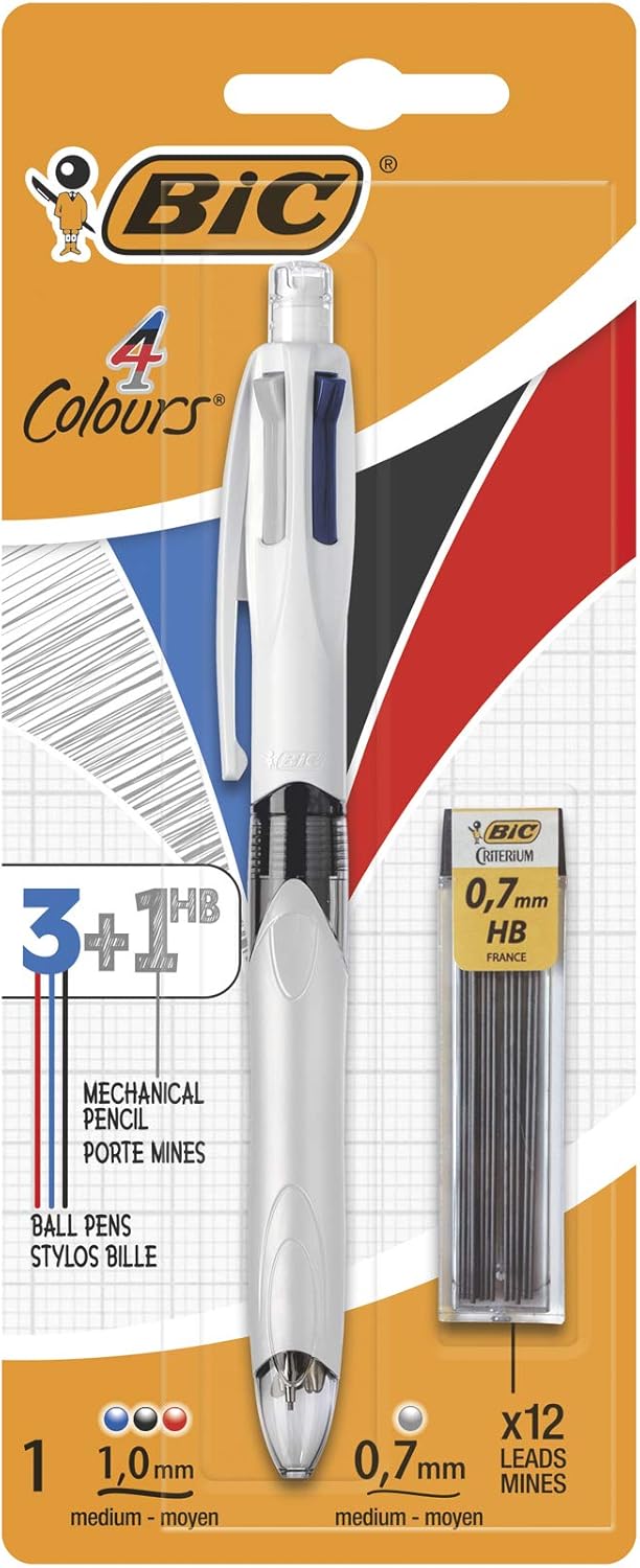 BIC 4 Colours Multifunctional Ballpoint Pen and HB Pencil Set with Built in Eraser, Set of 1 with 12 Refills 1