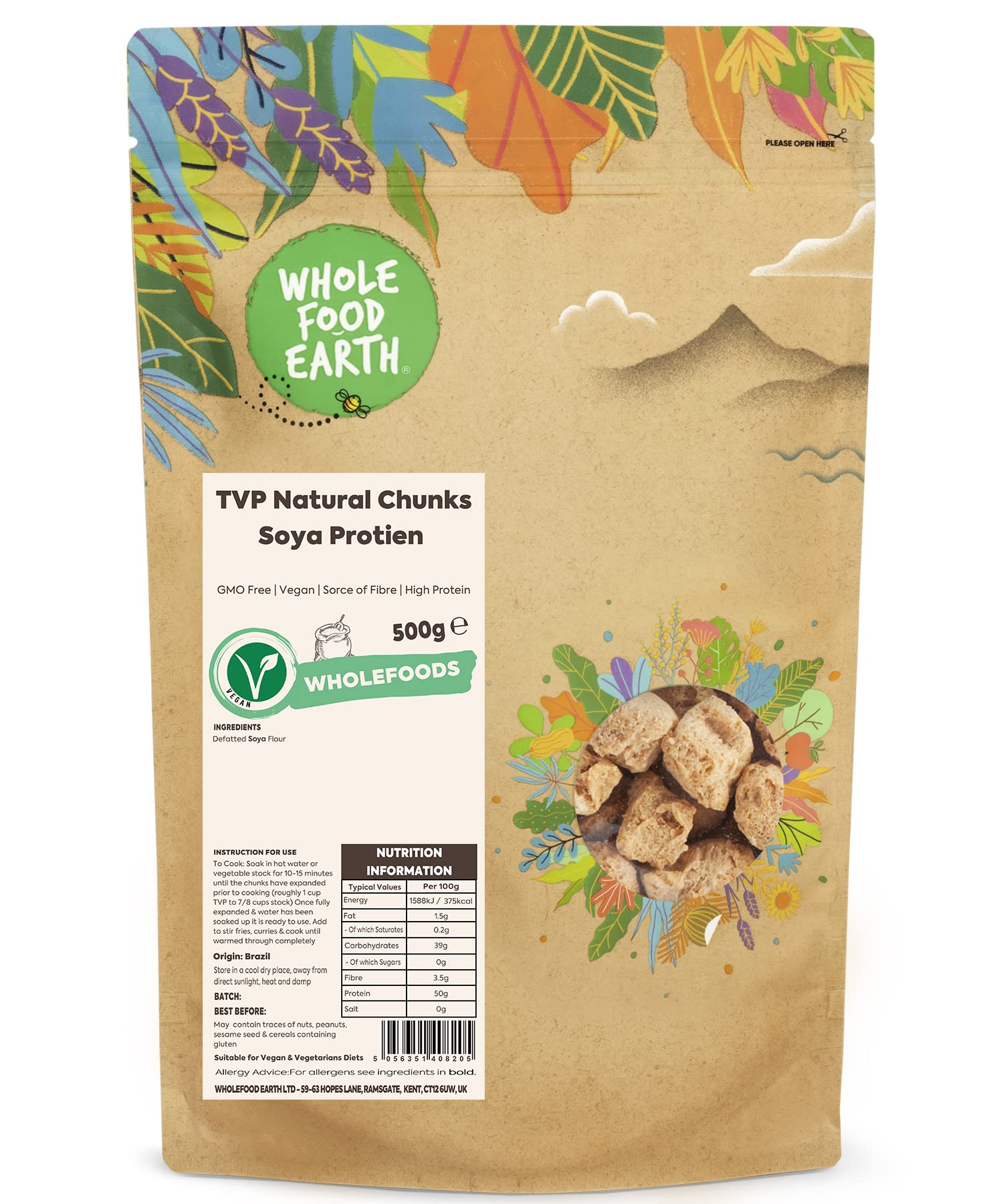 Wholefood Earth TVP Natural Chunks Soya Protein 500g - GMO Free, High Protein, Vegan & Dairy Free