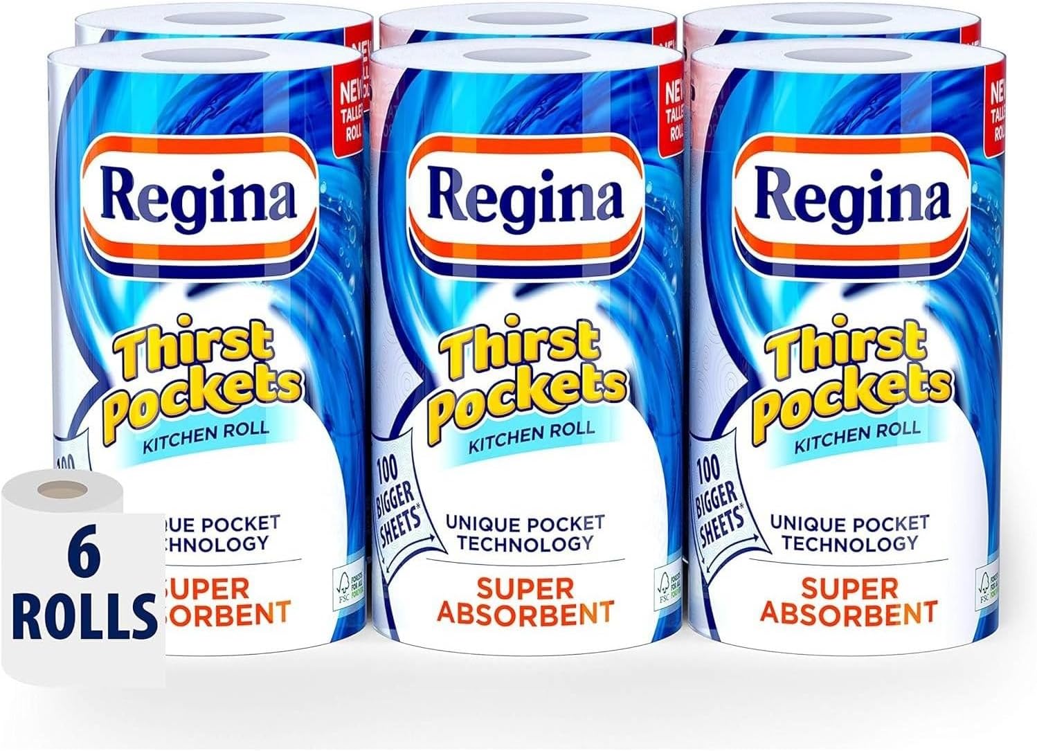 Regina - Thirst Pockets Kitchen Roll, 6 Rolls