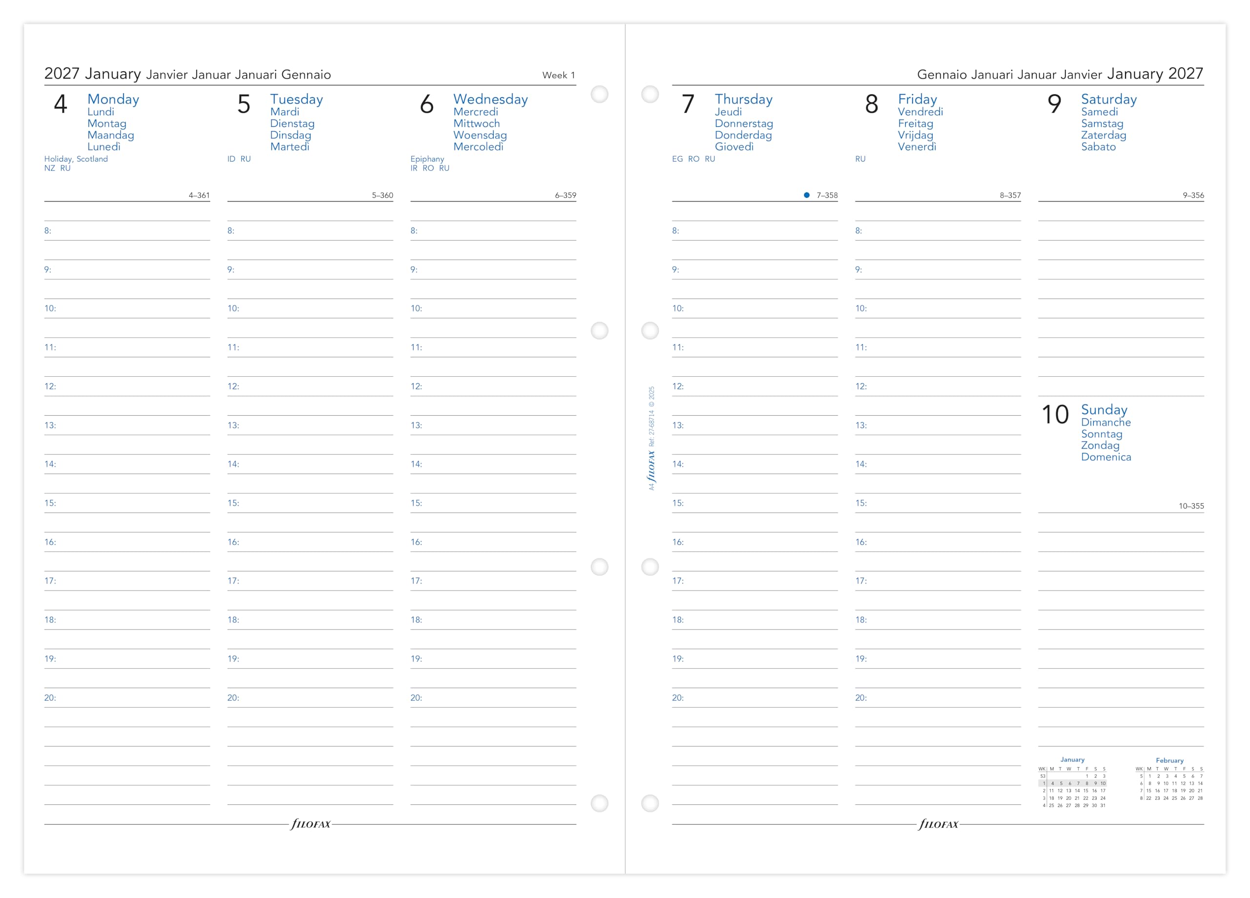 Filofax A4 2027 Diary Refill - Week on Two Pages with Appointments | 5 Language | 210mm x 297mm
