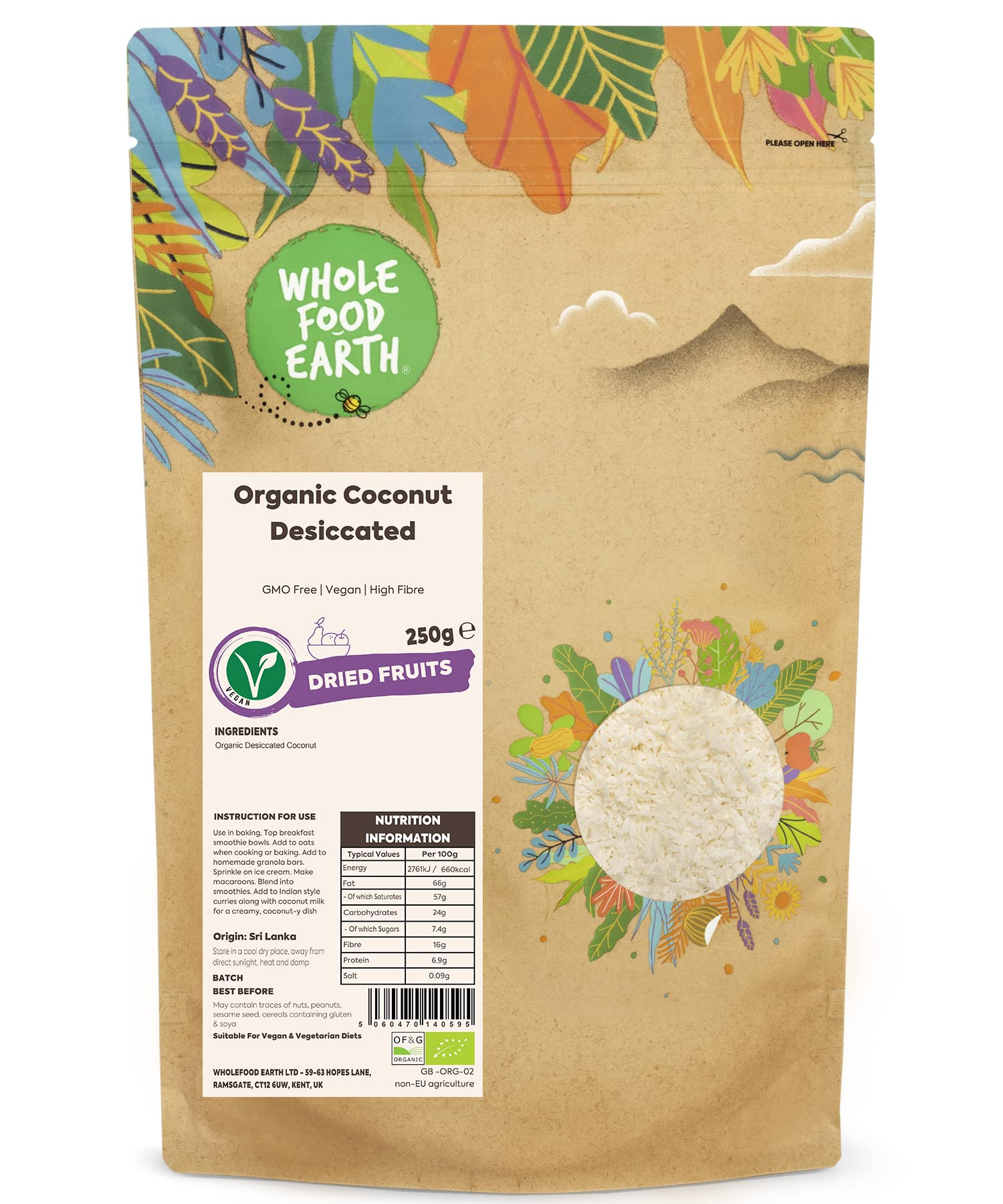Wholefood Earth Organic Desiccated Coconut – 250g | GMO Free | Vegan