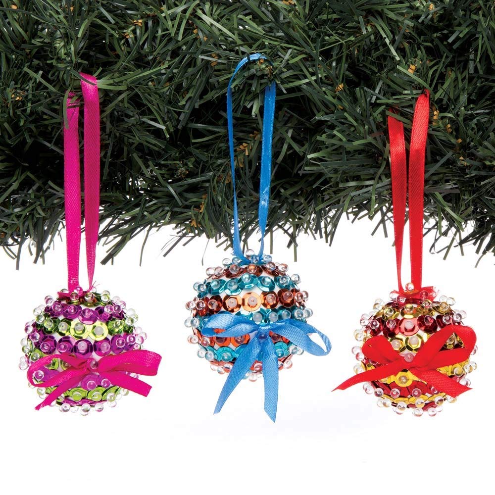 Baker Ross Sequin Bauble Craft Kit - Pack of 3, Christmas Tree Decorations for Kids Ages 5+