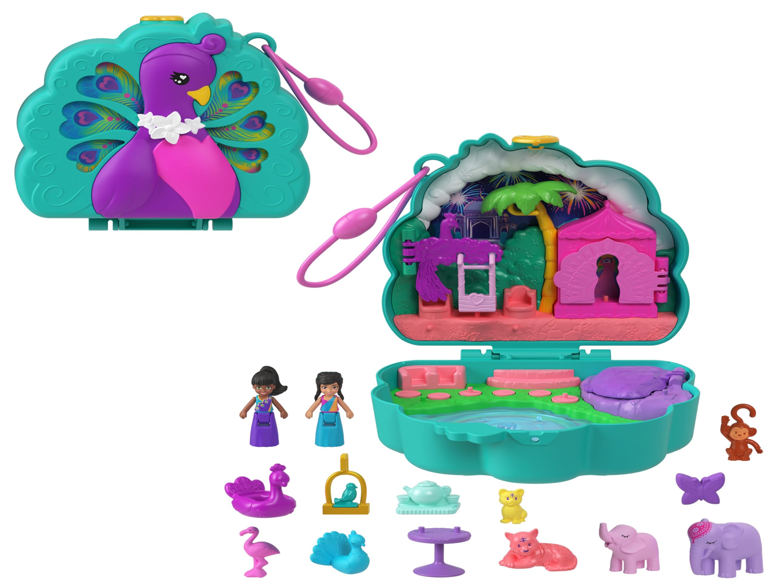 Polly Pocket Peacock Garden Compact Playset - 2 Micro Dolls with Pets & 14-Piece Travel Toy for Ages 4+
