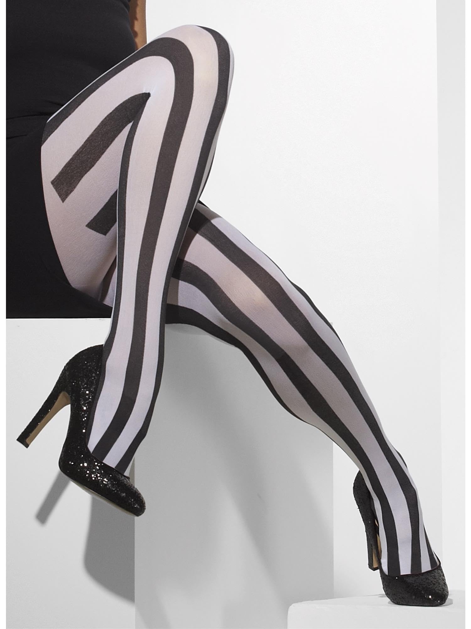 Smiffys Opaque Tights Black & White Vertical Stripes Fever Hosiery Fancy Dress Costume Accessory