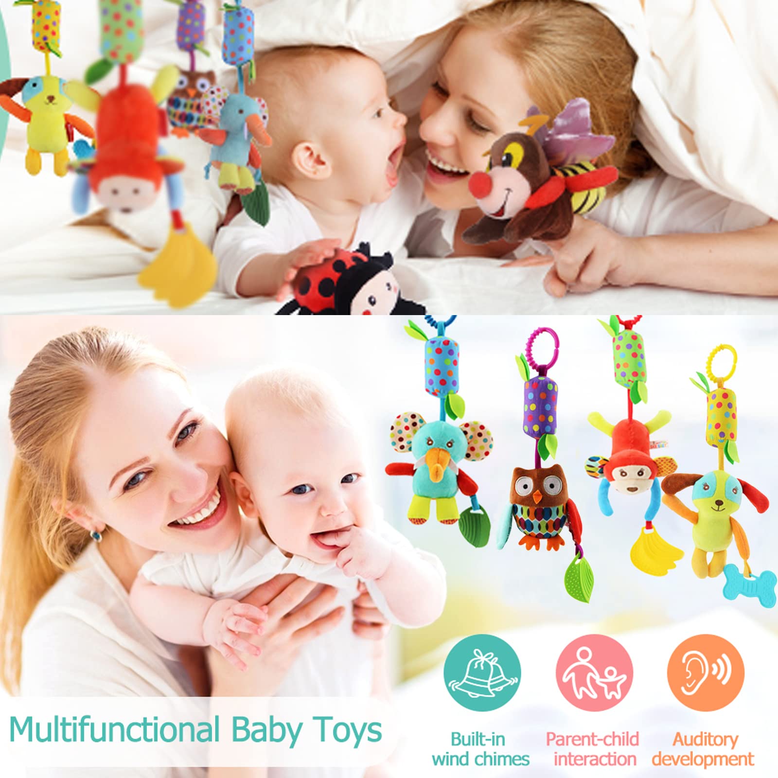 wohot 4-Pack Baby Stroller Hanging Toys - Animal Rattles with Teether for 2 Months to 3 Years 5