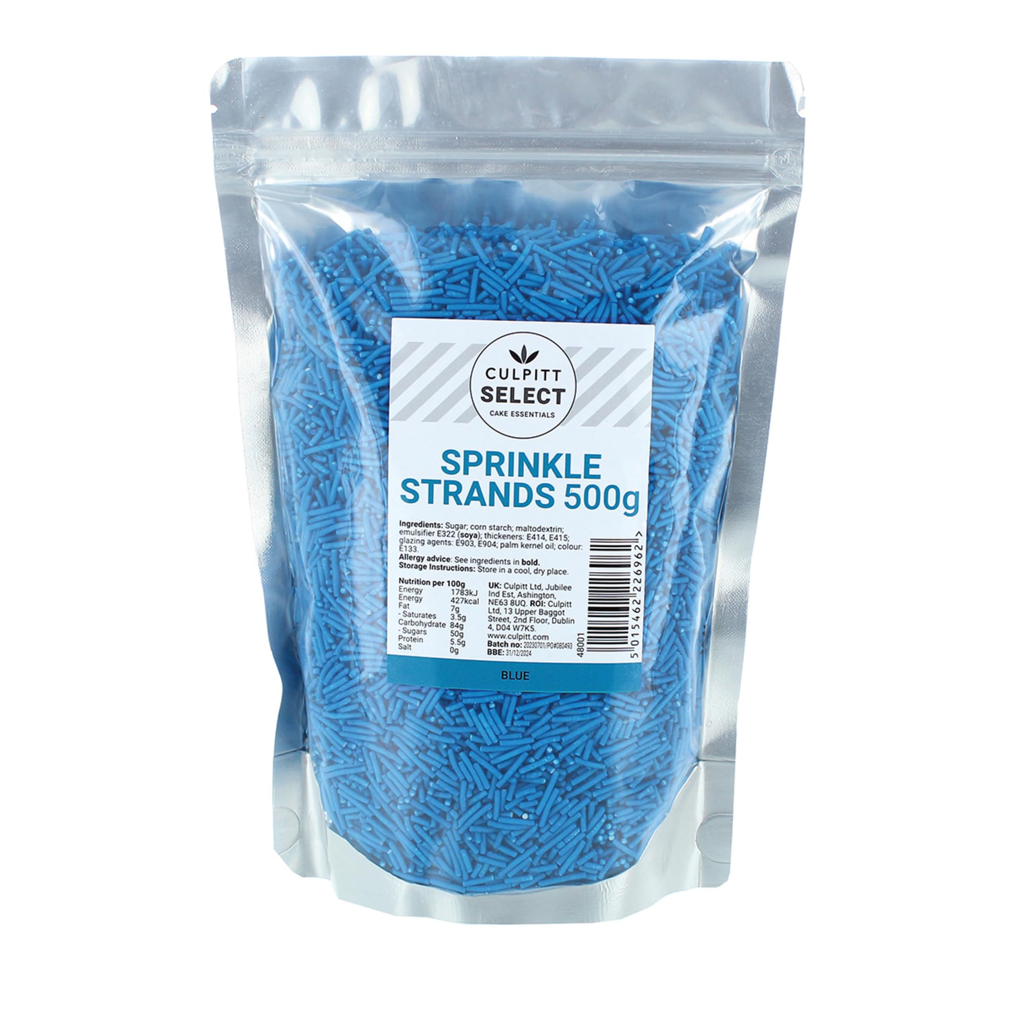 Culpitt Select Blue Sugar Strands Sprinkles - 500g Resealable Pouch | Edible Cake Decoration