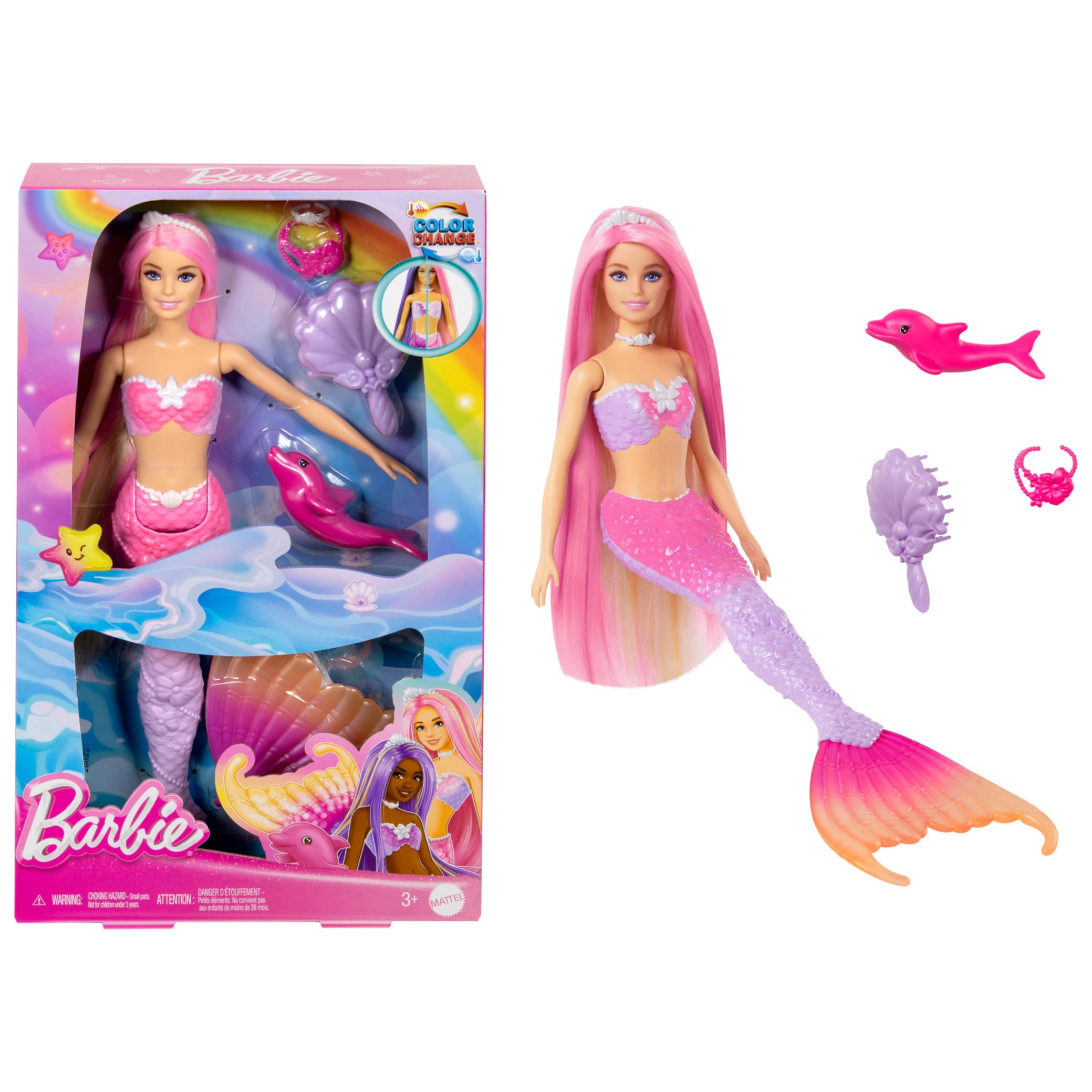 Barbie Mermaid Doll 'Malibu' with Color-Changing Hair & Dolphin - Ages 3+ 7