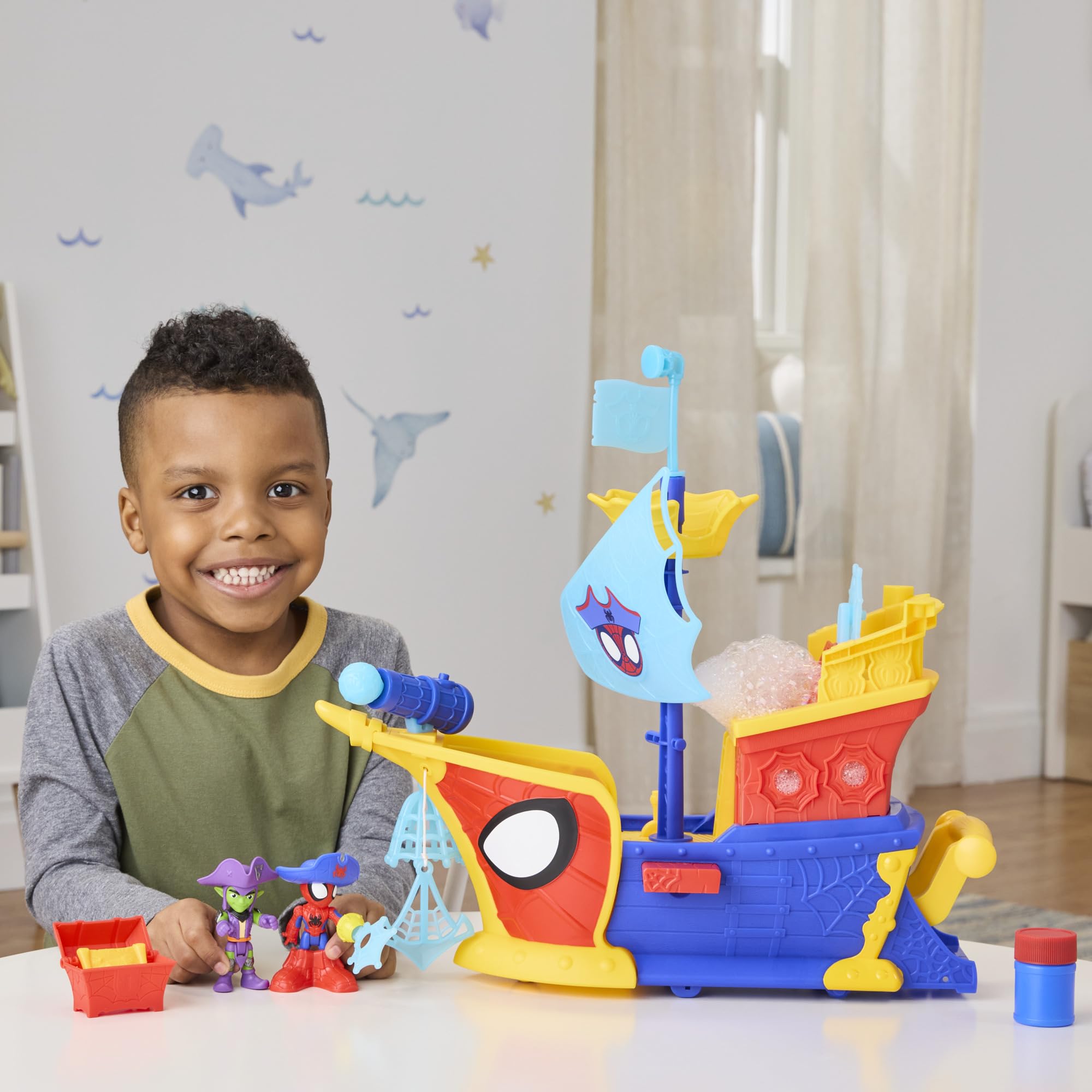 Spidey and His Amazing Friends Water-Webs Webs Ahoy Bubble Pirate Ship Playset - 43 cm with Real Bubble Maker, Spidey & Green Goblin Figures, Ages 3+ 4