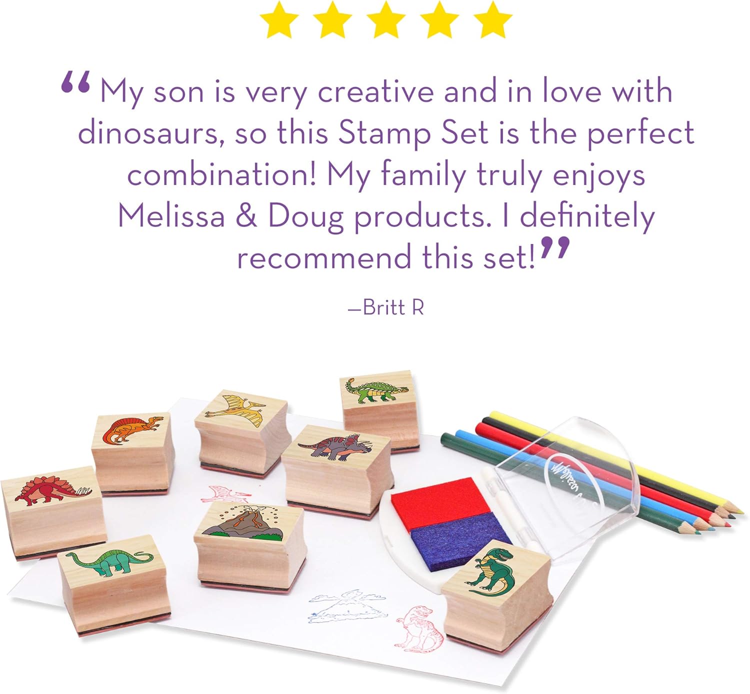 Melissa & Doug Dinosaur Stamp Set - 8 Stamps, 2-Color Inkpad & Colored Pencils, Ages 4+ 4