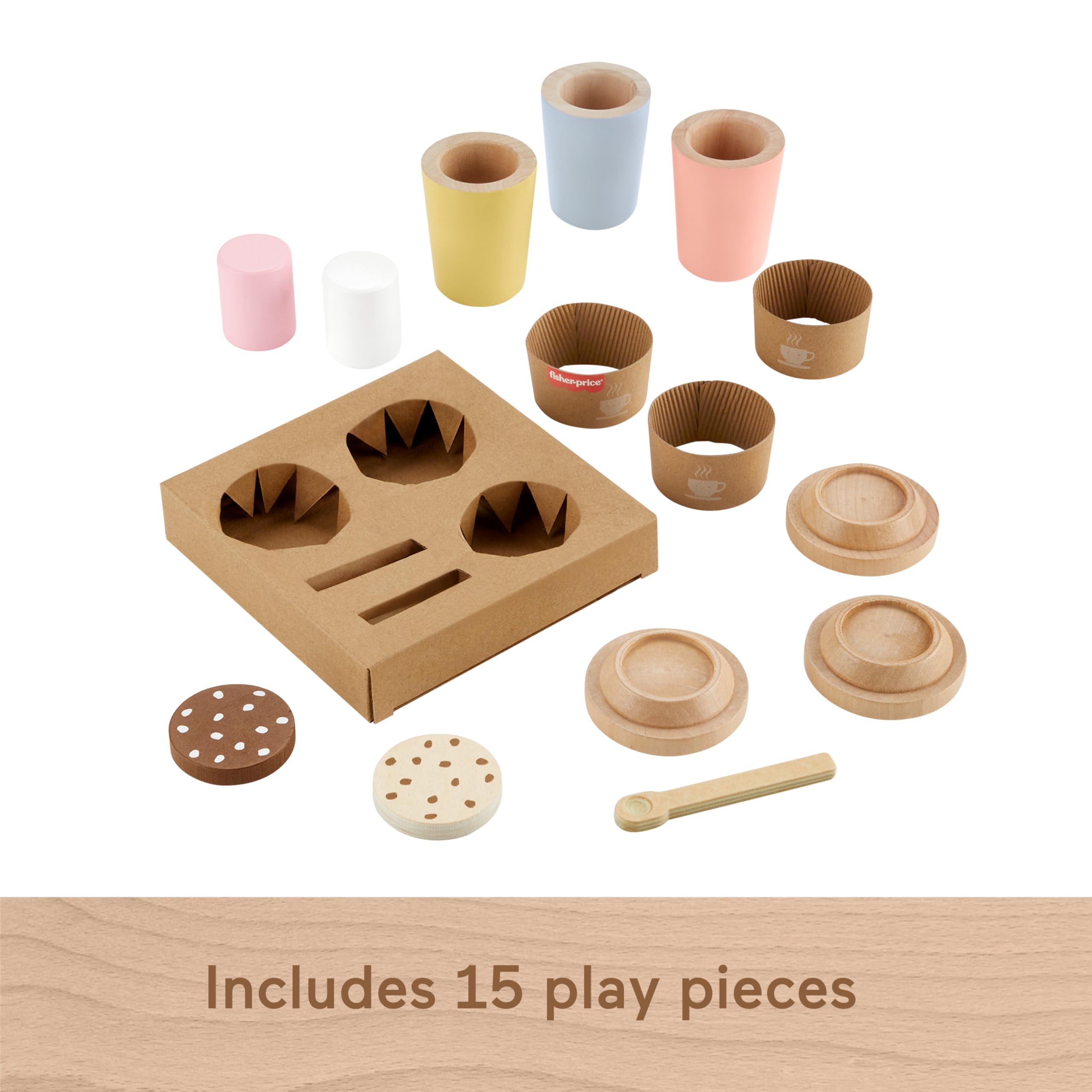 Fisher-Price Wood Pretend Play Coffee To Go Café Set - 15-Piece Wooden Playset for Ages 3+ 3