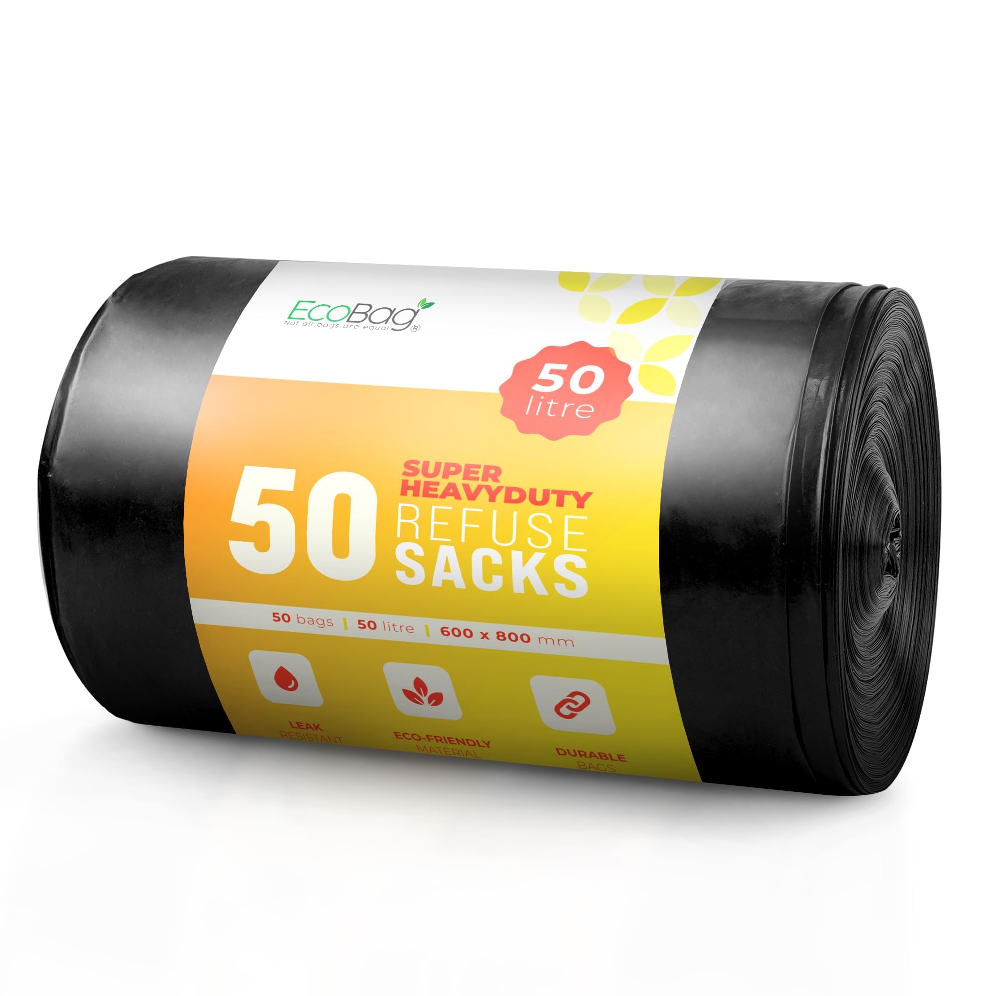 EcoBag Extra Strong Heavy Duty Refuse Sacks - 50L Recyclable Bin Bags, 50 Pack