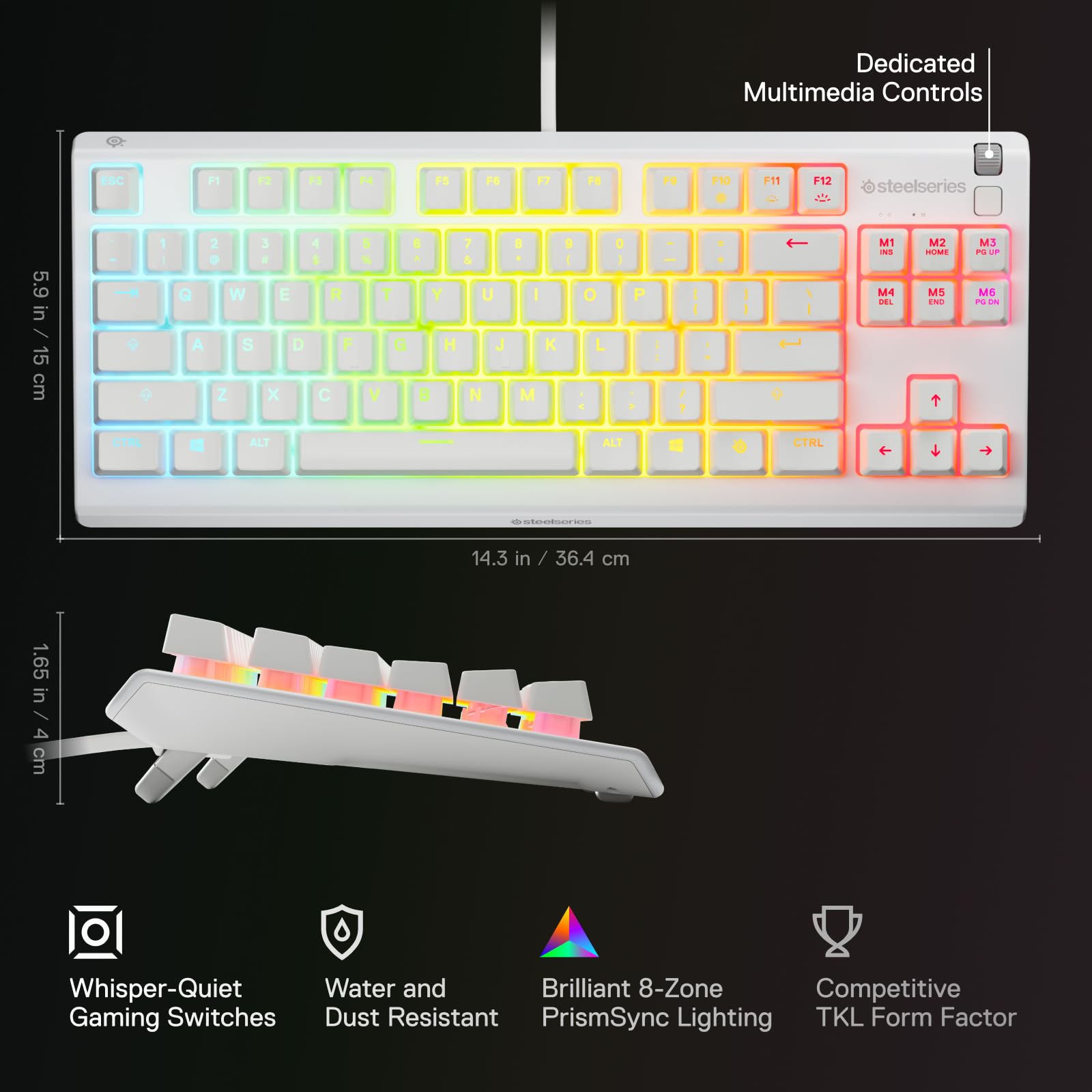 SteelSeries Apex 3 TKL White RGB Gaming Keyboard - UK Layout - 8-Zone RGB - Whisper-Quiet Switches - Water Resistant 4