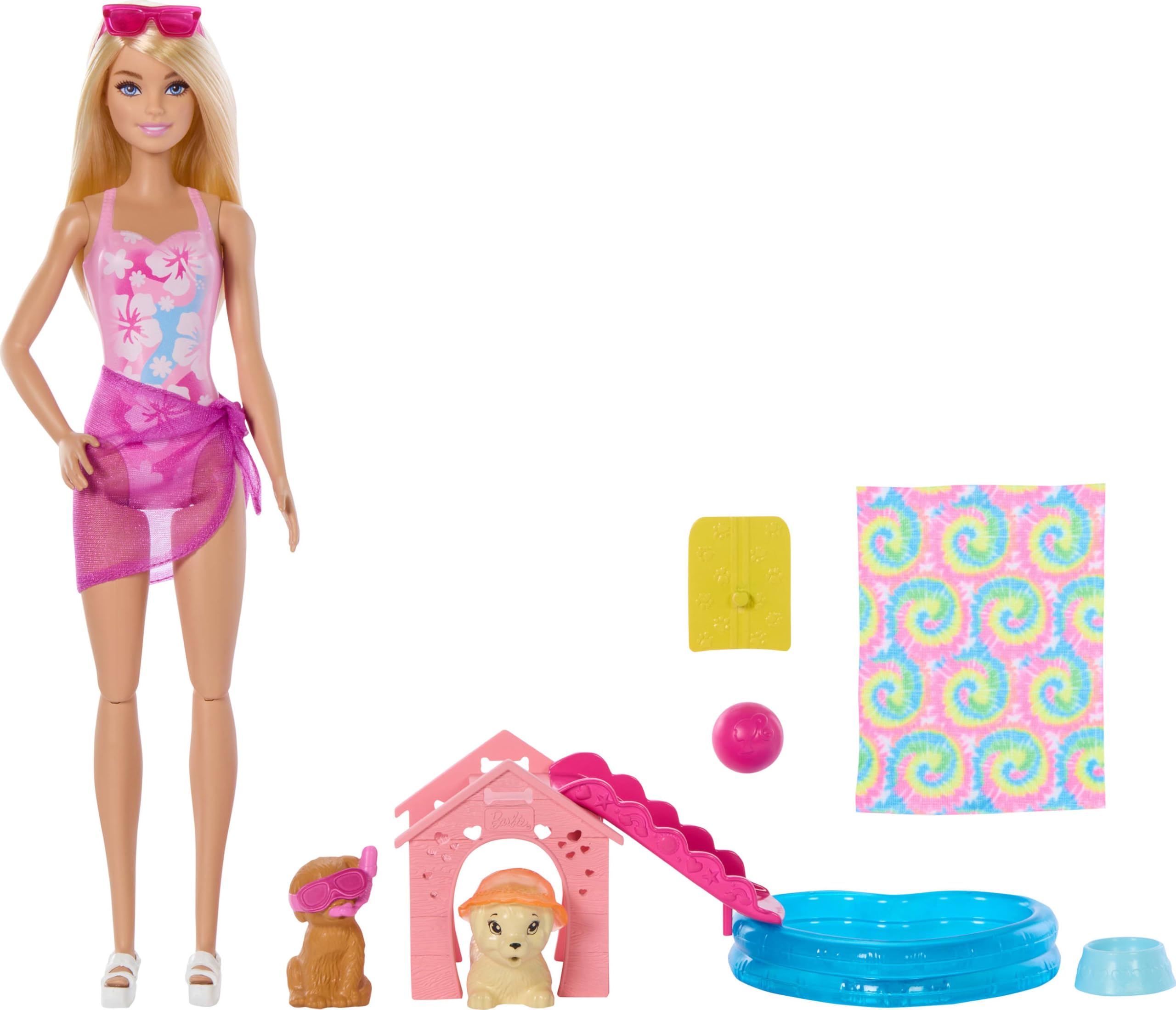 Barbie Puppy Pool Party Playset with Fashion Doll, Doghouse Slide & Heart-Shaped Pool 4
