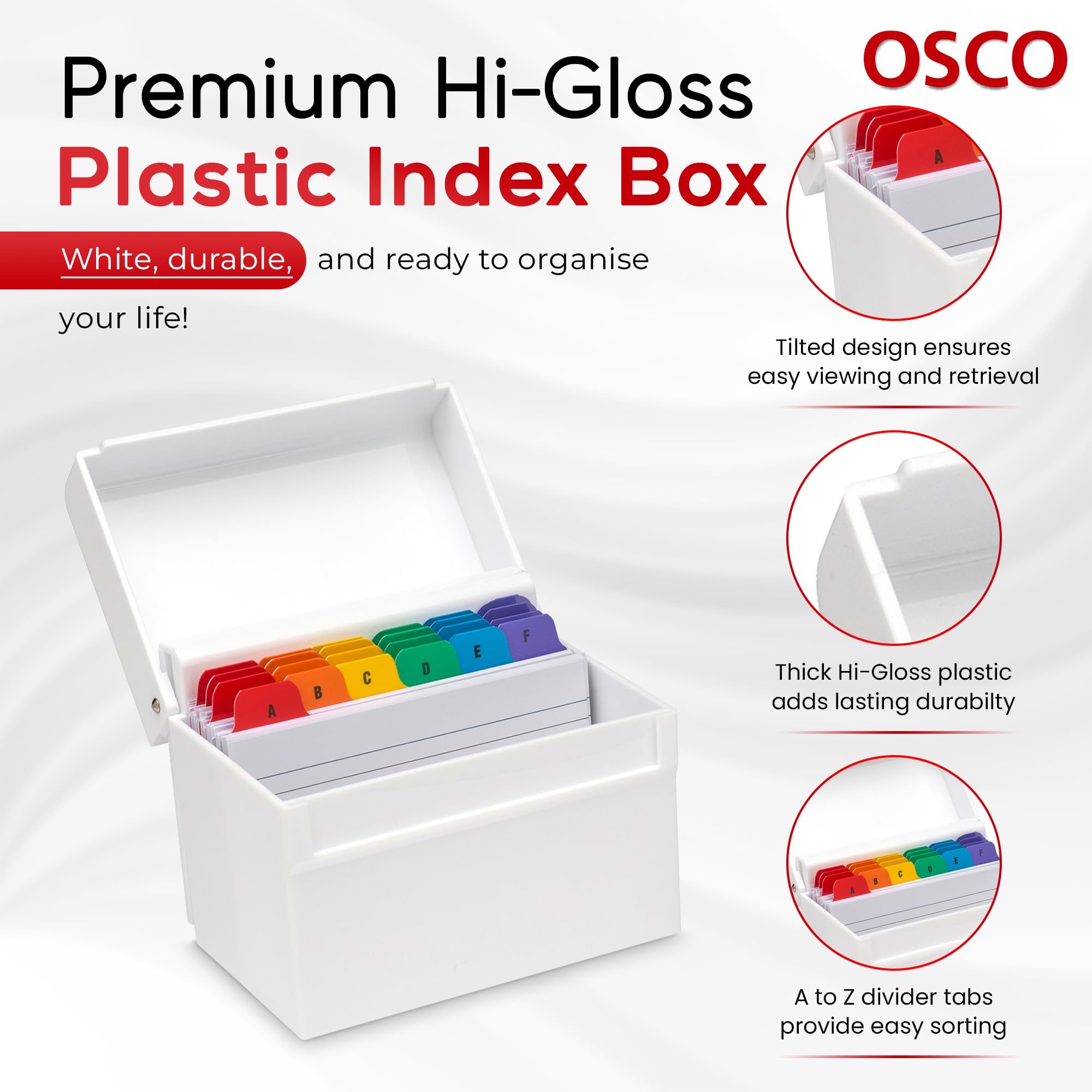 Osco White Hi-Gloss Plastic Index Box with A to Z Dividers and 100 Lined Note Sheets | 5' X 3'