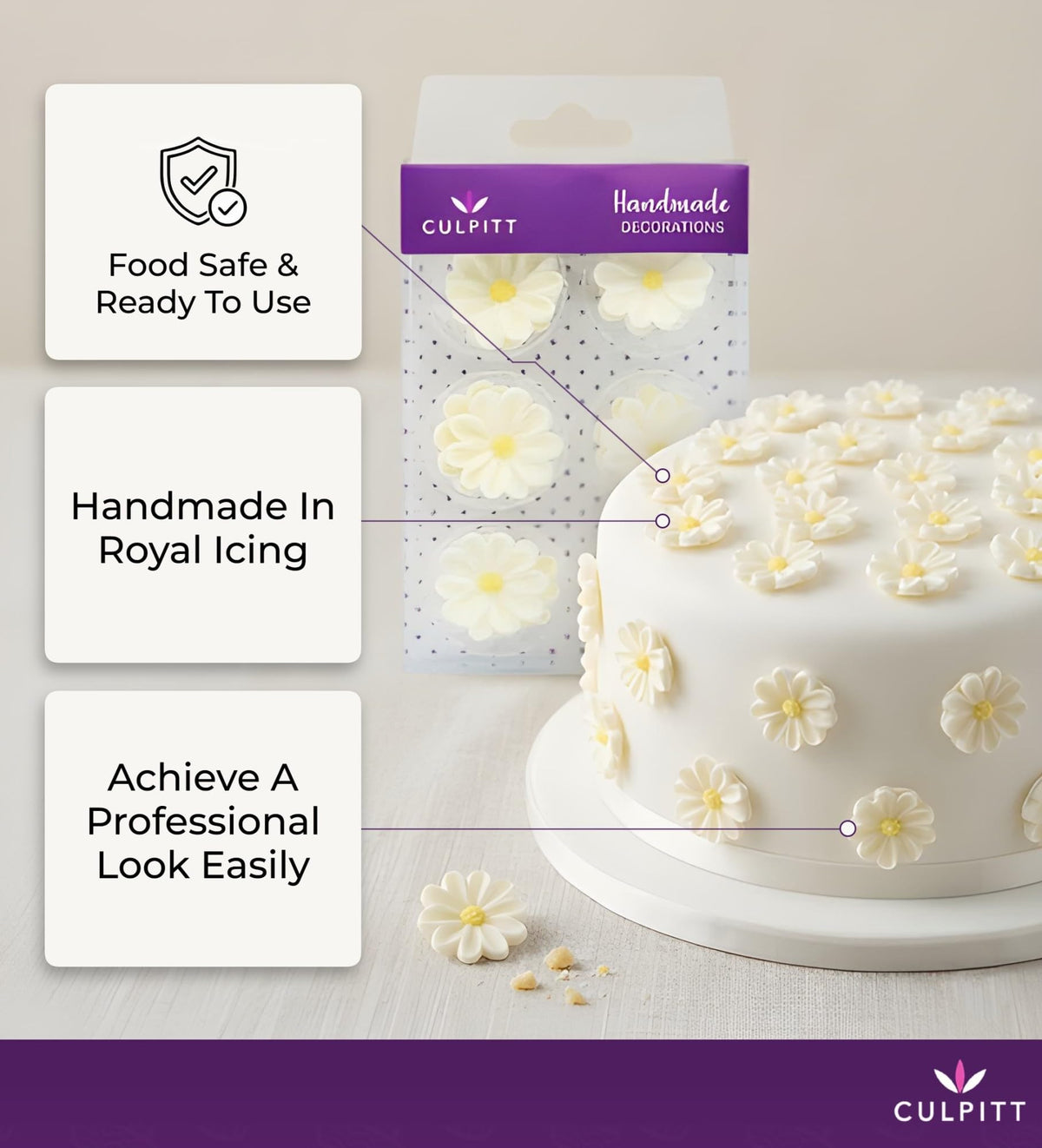 Culpitt Sugar Daisies Edible Cake Decorations - 12 x 45 mm, White