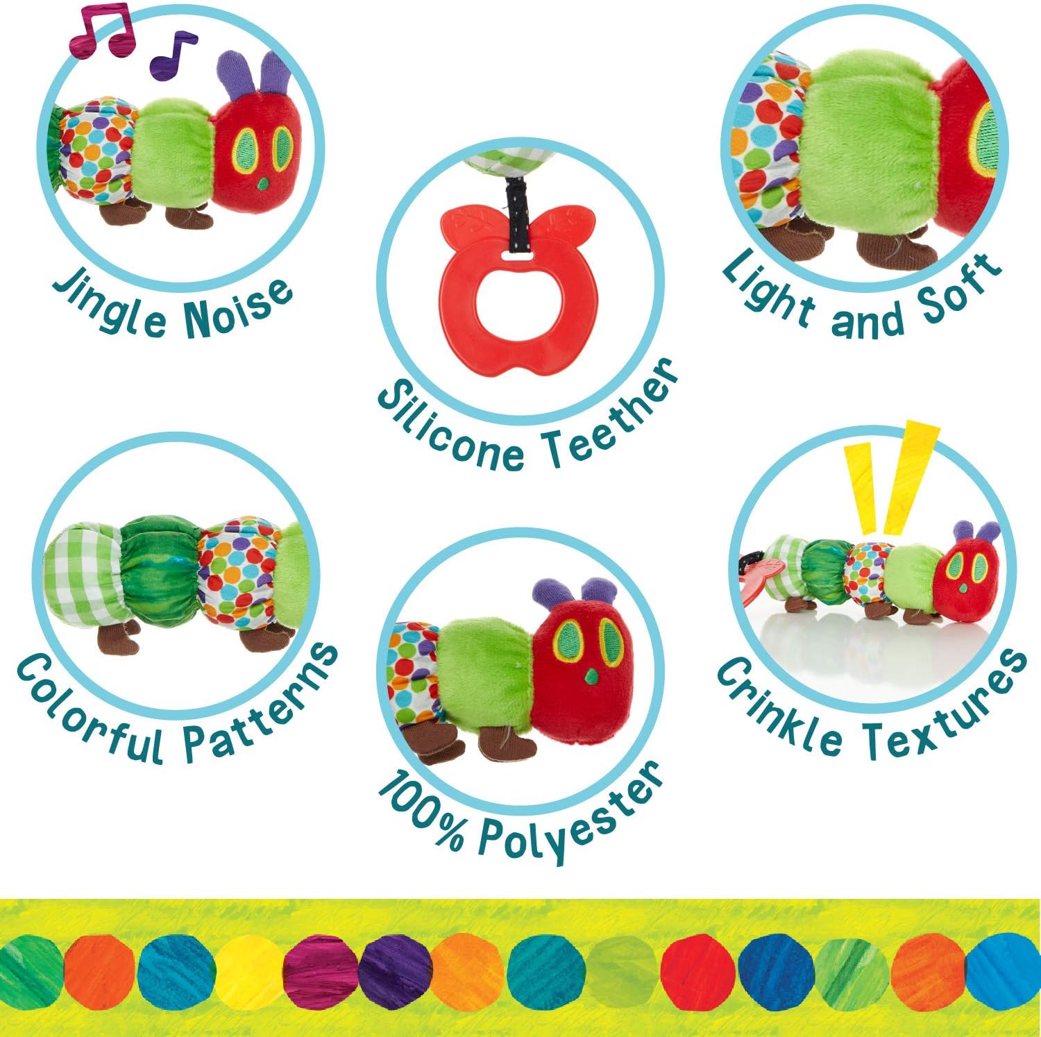 The Very Hungry Caterpillar Teether Rattle - Soft Plush Baby Toy with Crinkle Sounds & Textured Tail 4