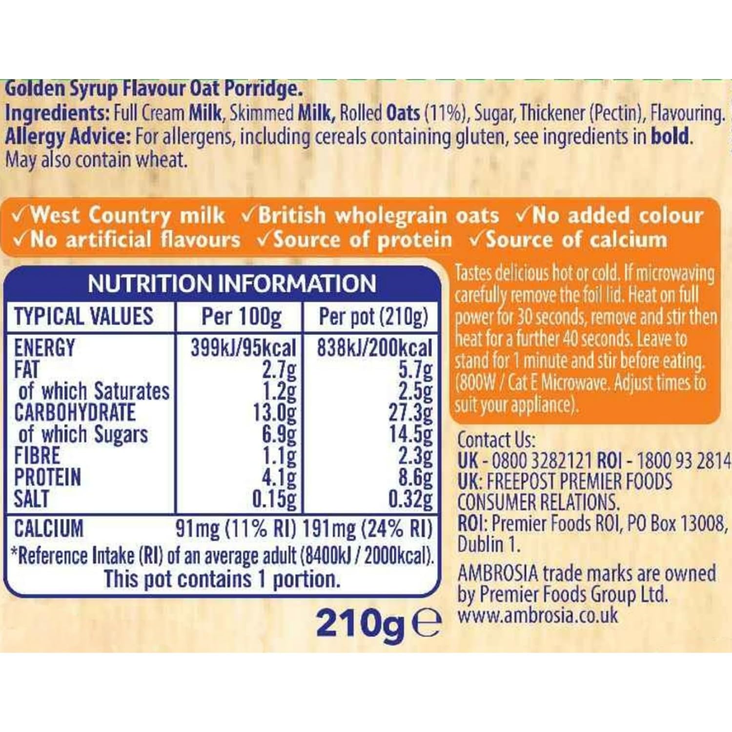 Ambrosia - Golden Syrup Flavour Low Fat Porridge Pots with British Wholegrain Oats, 210g (Pack of 6) 6