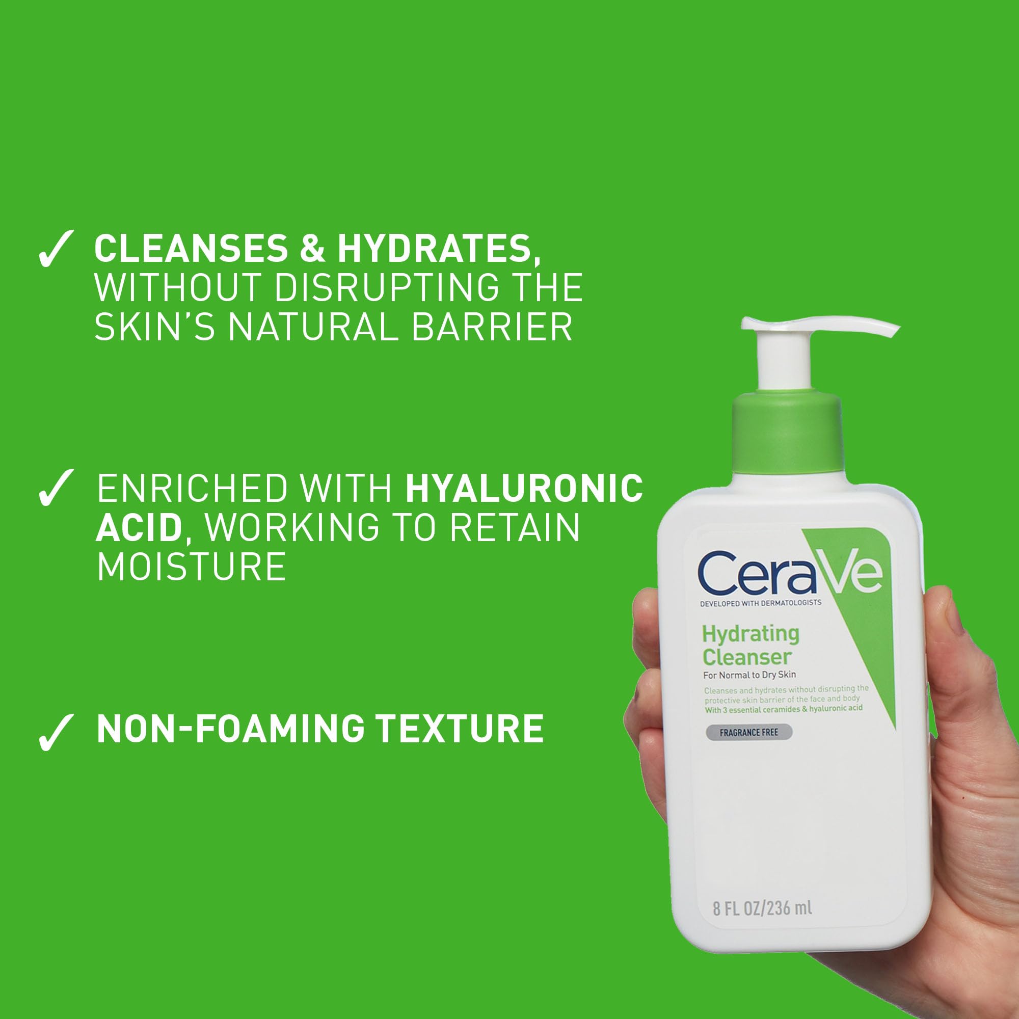 CeraVe Hydrating Cleanser for Face & Body (473 ml) - Fragrance-Free, Non-Foaming Gel with Ceramides & Hyaluronic Acid 5