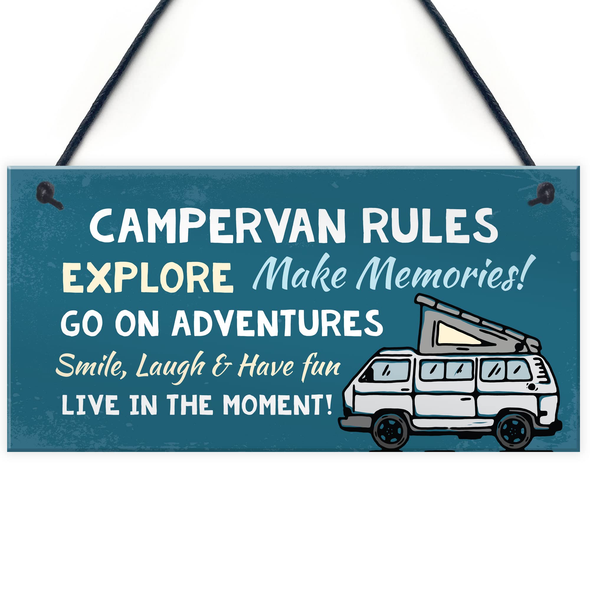 RED OCEAN Campervan Rules Hanging Door Plaque | Blue PVC | 200x100mm | Handmade in England