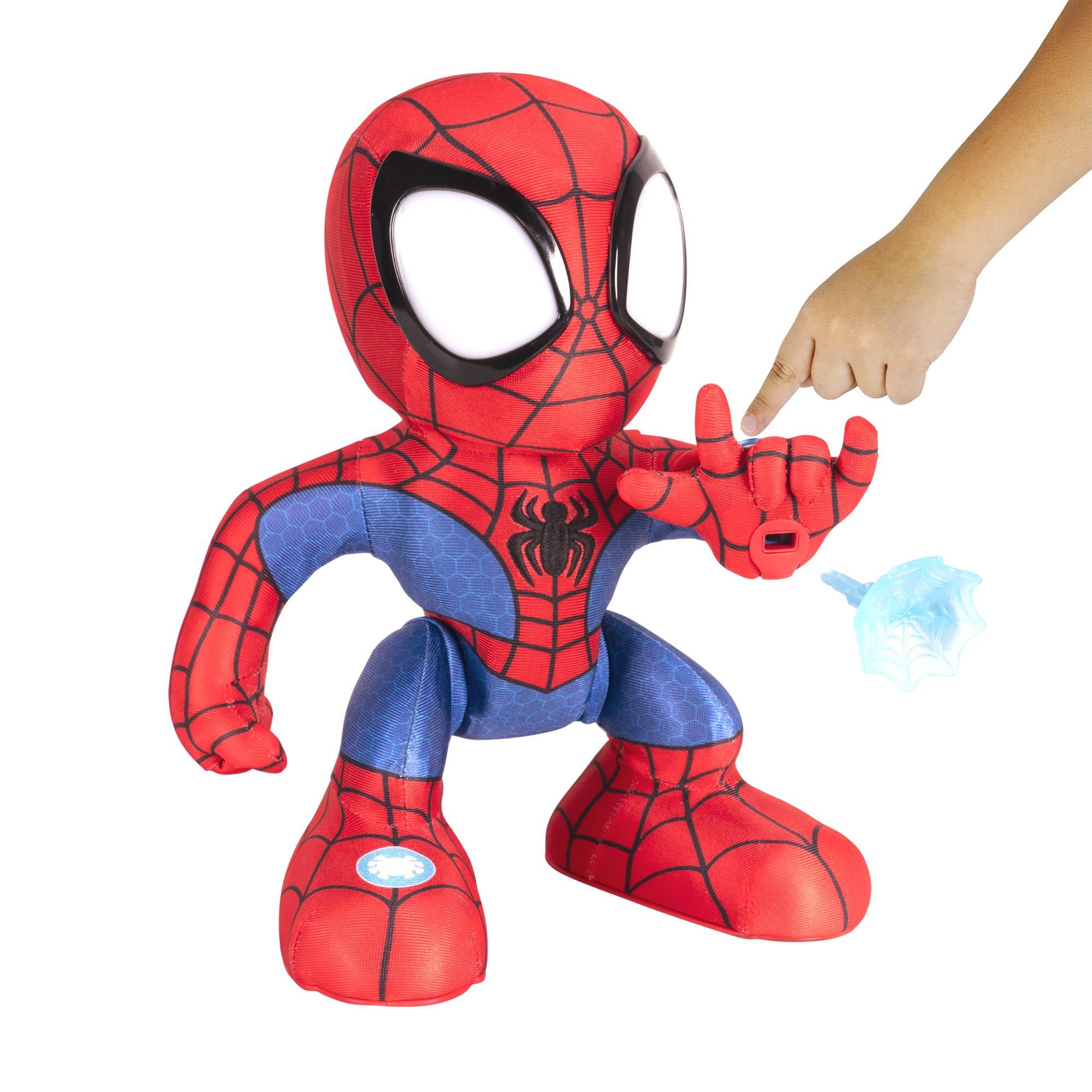 Plush toy resembling a superhero character with a hand pointing, on a white background