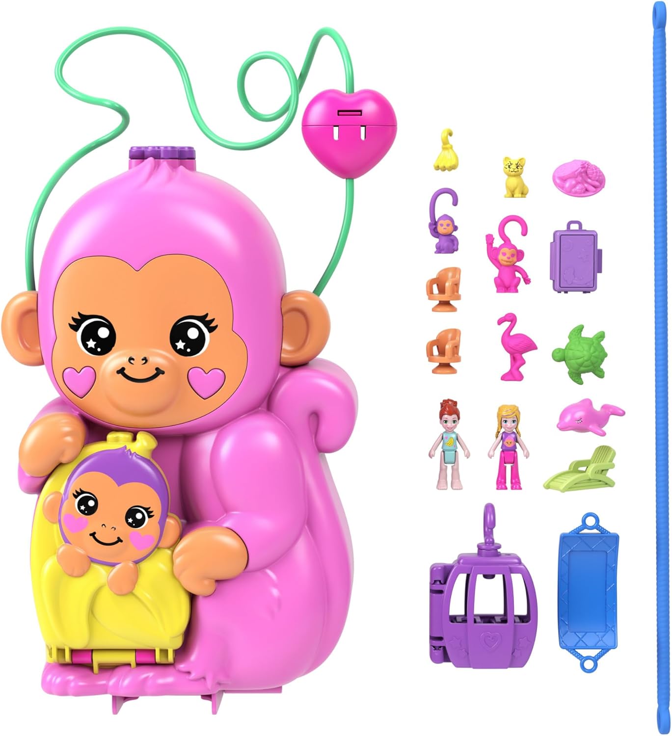 Polly Pocket Momma Monkey & Baby Playset - 2-in-1 Jungle Adventure with 14 Pieces