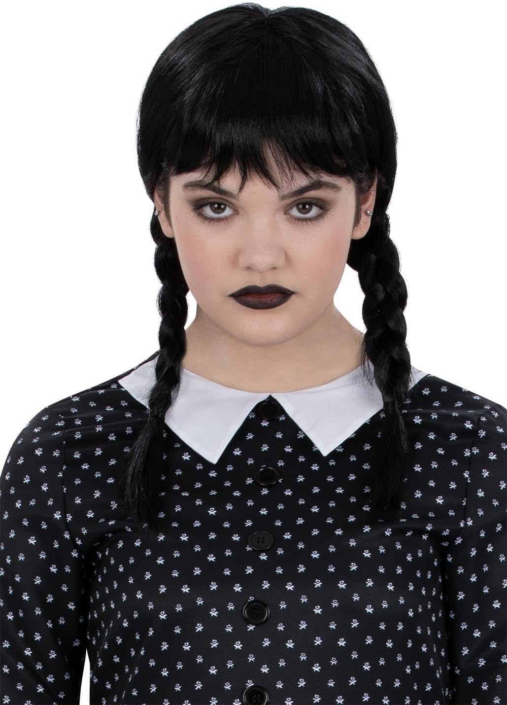 Smiffys Wednesday Addams Gothic School Girl Wig with Plaits & Fringe