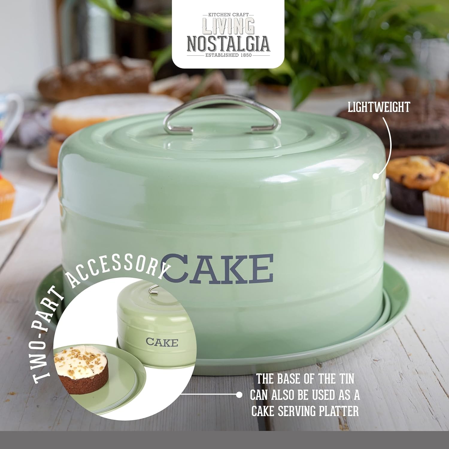 KitchenCraft Living Nostalgia Cake Storage Tin - Airtight Cake Dome, 28.5 x 18 cm, English Sage Green 12