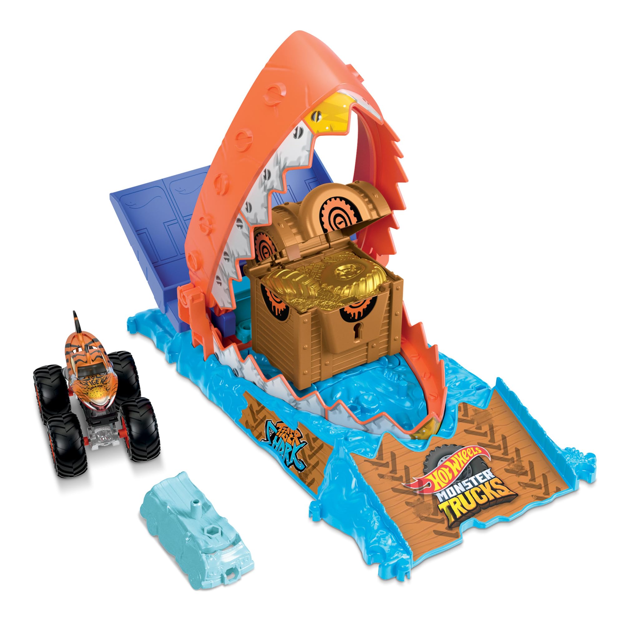 Hot Wheels Monster Trucks Arena Smashers Treasure Chomp Challenge Playset - Tiger Shark Action Playset for Kids