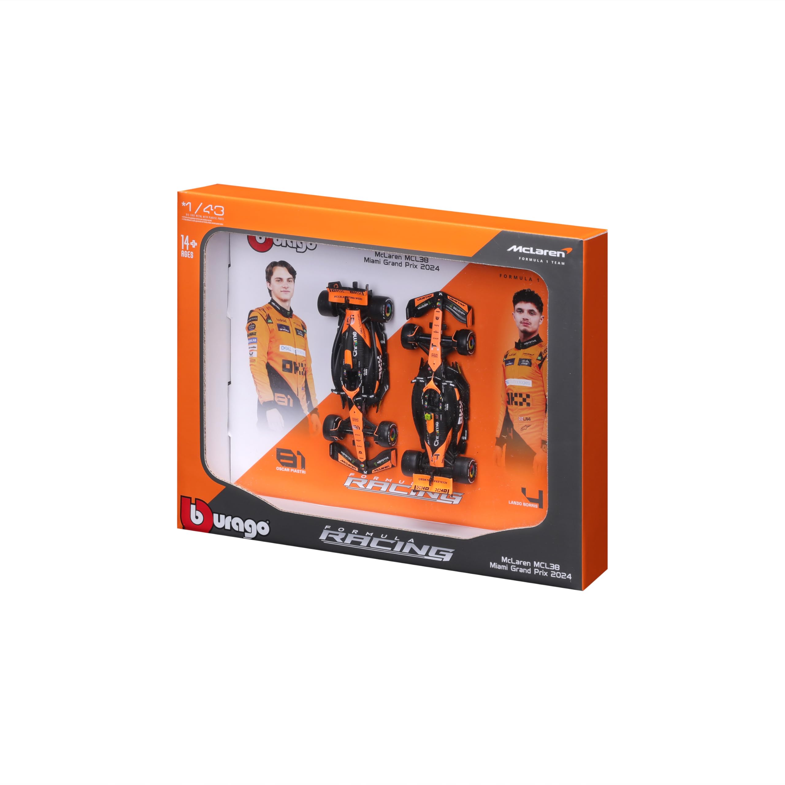 Bburago 2024 McLaren MCL38 F1 Race Car 2-Pack (Norris & Piastri) 1:43 Scale Diecast Model 4