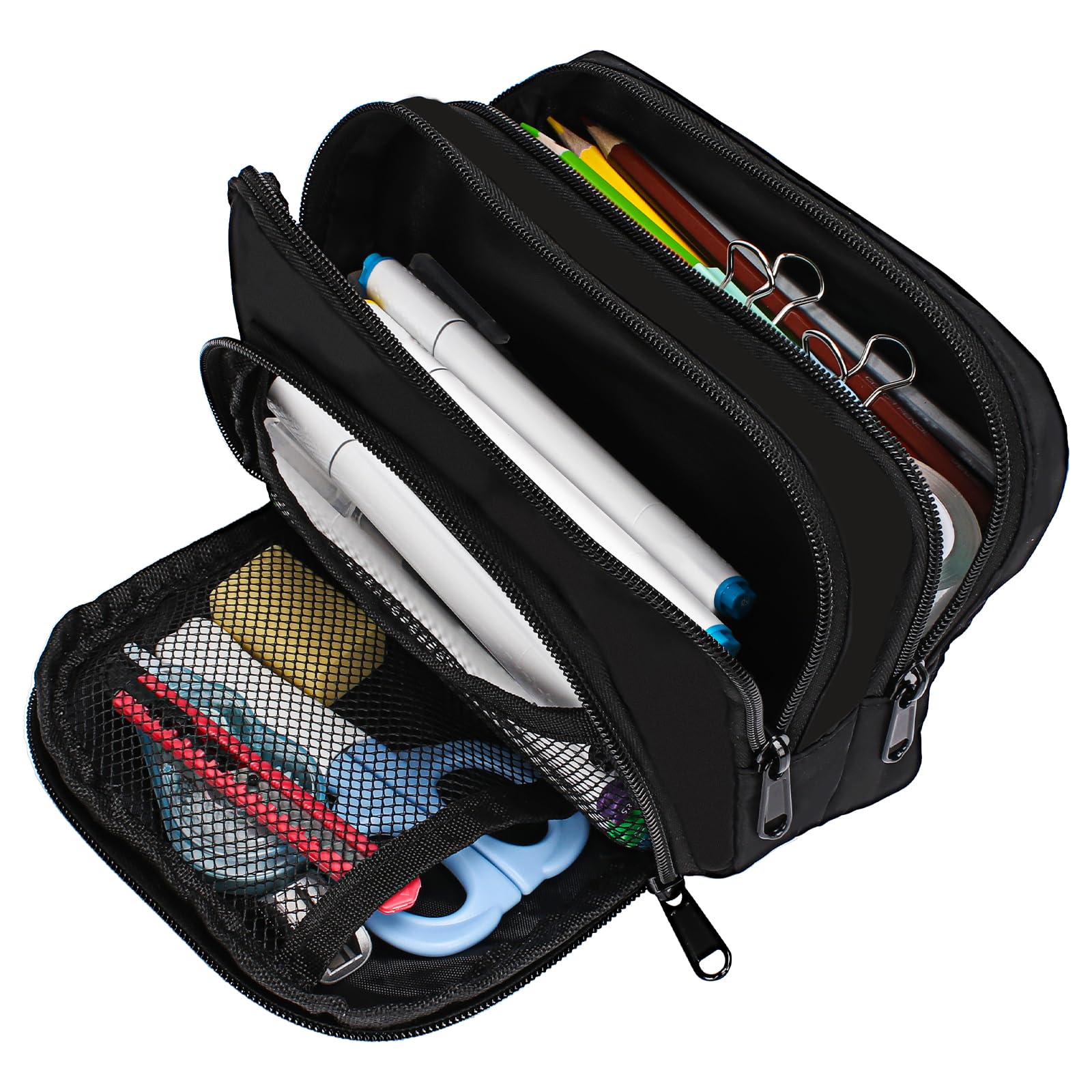 Euqvunn Black Pencil Case - Large Capacity 3 Compartment Organizer | 21x8x13CM | Polyester