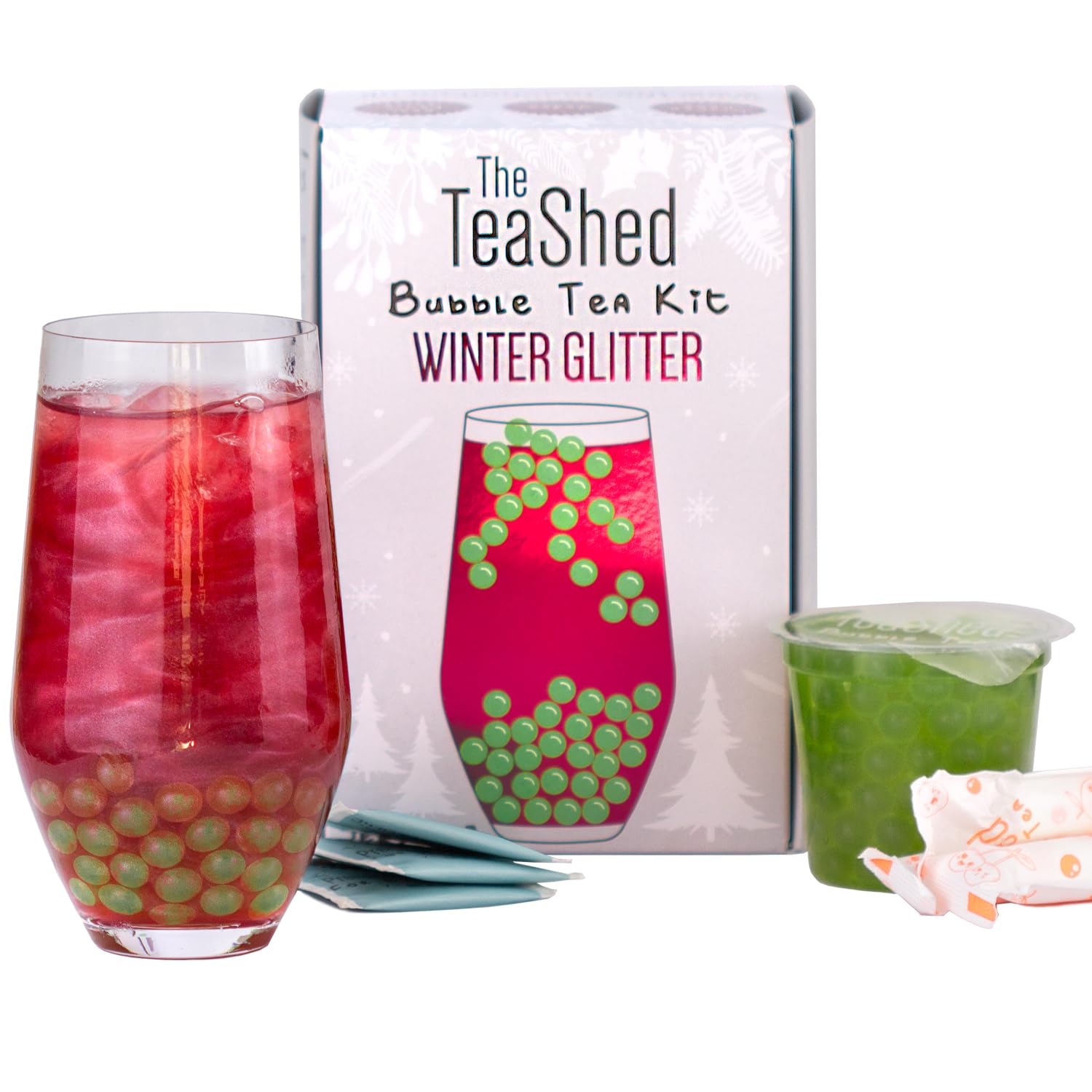 The TeaShed Winter Glitter Christmas Bubble Tea Kit Gift Box - Glitter Cranberry & Apple Boba