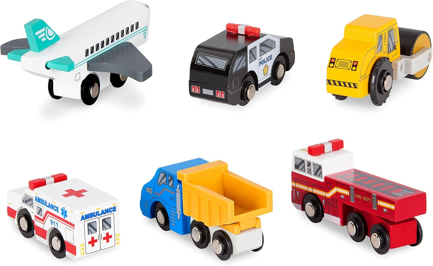 Battat Wooden Vehicles Set - 6pc Rescue & Construction Toy Cars for Kids 3