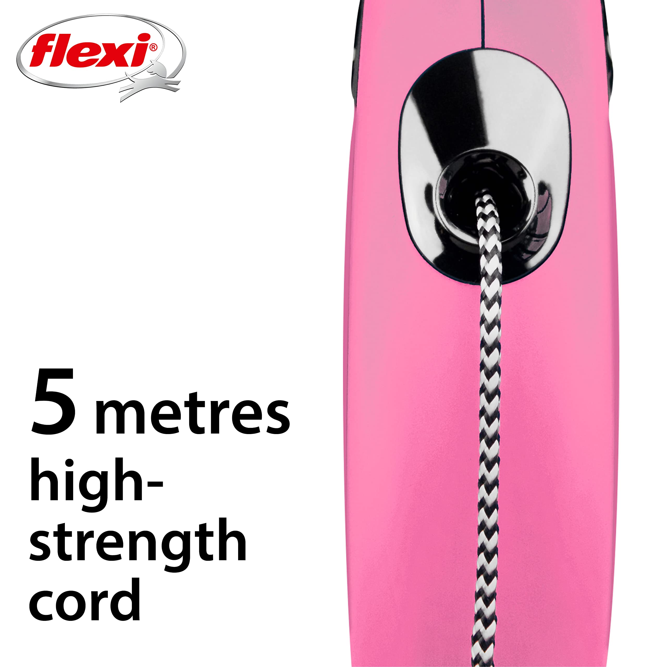 flexi New Classic Cord Retractable Dog Lead | Pink | 5m Cord | Up to 12kg/26lbs 4